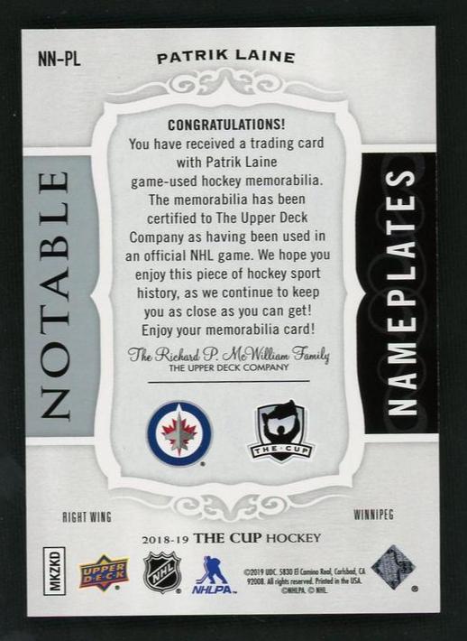 2018 Upper Deck The Cup NN-PL Patrik Laine Notable Nameplates 5/5 Winnipeg
