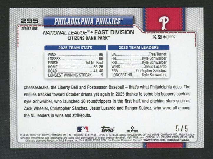 2023 Topps Series 1 295 Philadelphia Phillies 5/5 Philadelphia Phillies