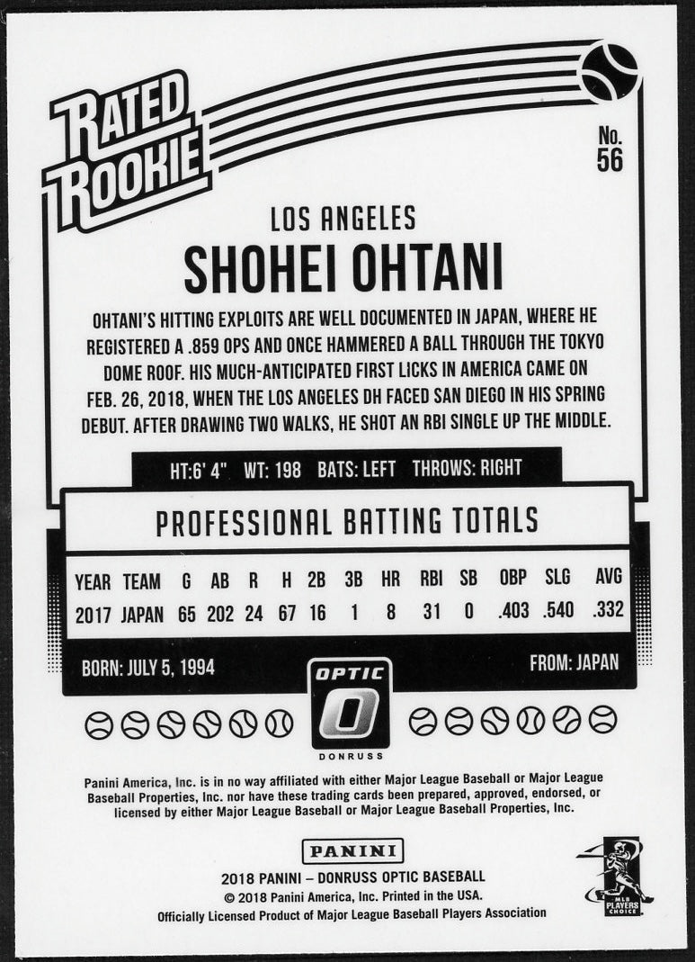 2018 Panini Donruss 56 Shohei Ohtani Rated Rookie Los Angeles