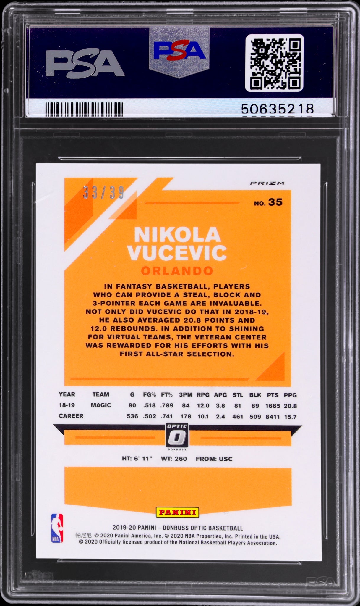 2019 Donruss Optic #35 Nikola Vucevic Black Velocity /39 PSA 10