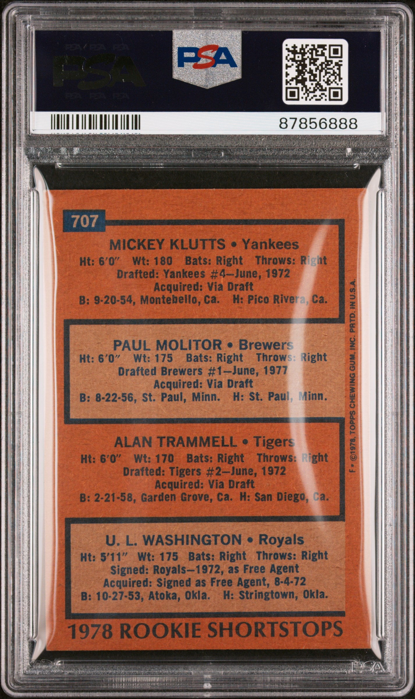 1978 Topps #707 Mickey Klutts/Paul Molitor/Alan Trammell/Ul Washington Rookie Shortstops PSA 4