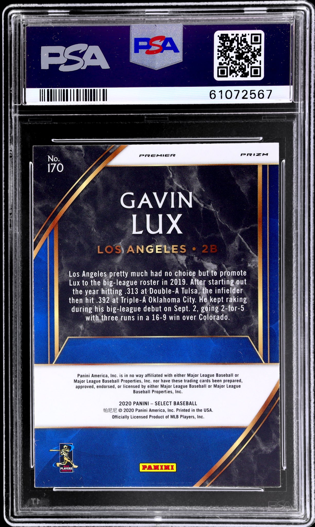 2020 Panini Select Premier Level Scope Prizm Gavin Lux #170 Rookie RC PSA 10