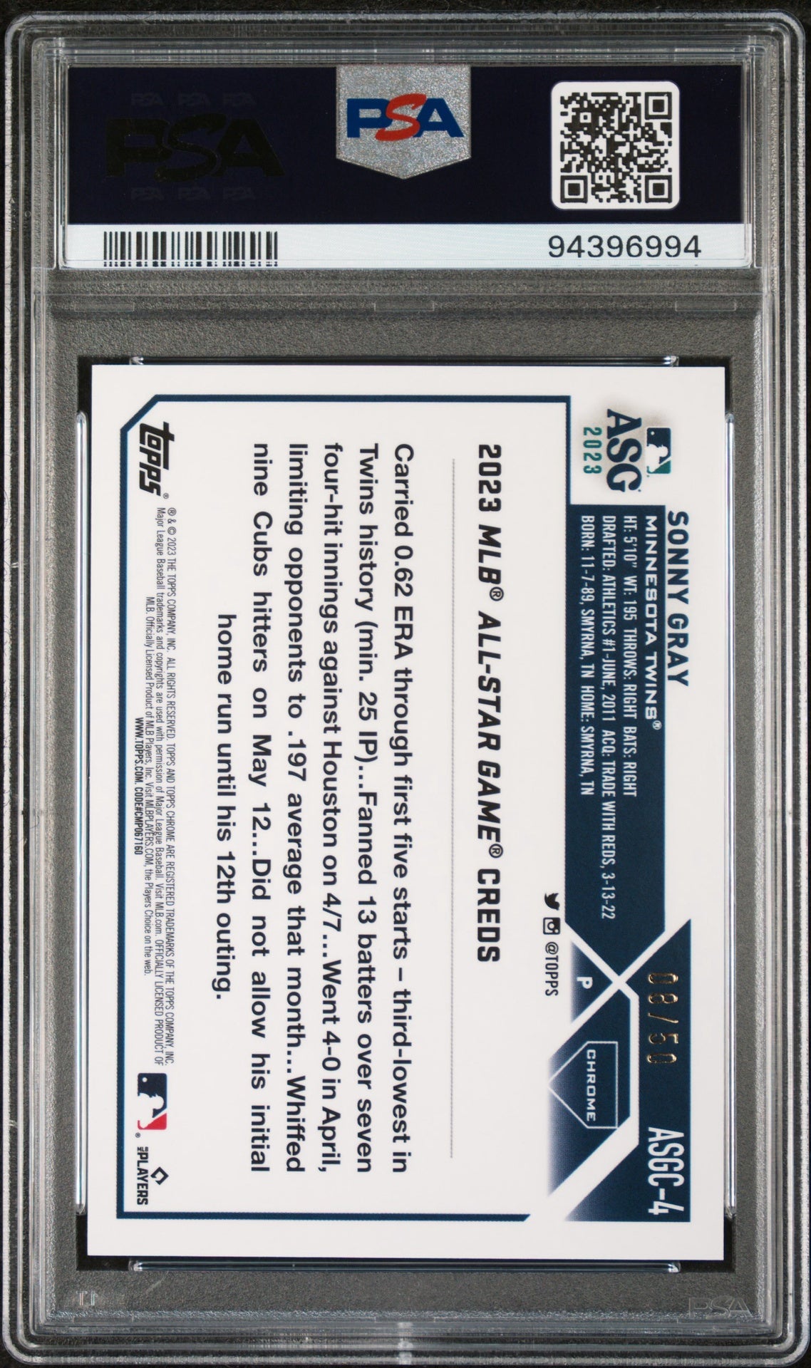 2023 Topps Chrome Update 2023 All-Star Game #4 Sonny Gray 2023 All-Star Game-Gold PSA 10