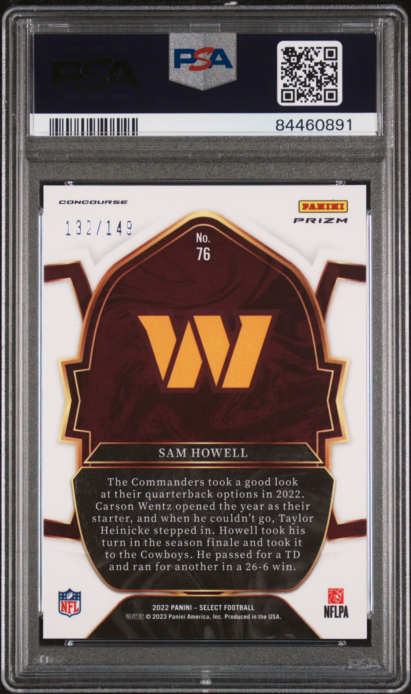 2022 Panini Select Maroon Prizm Sam Howell #76 RC /149 PSA 10