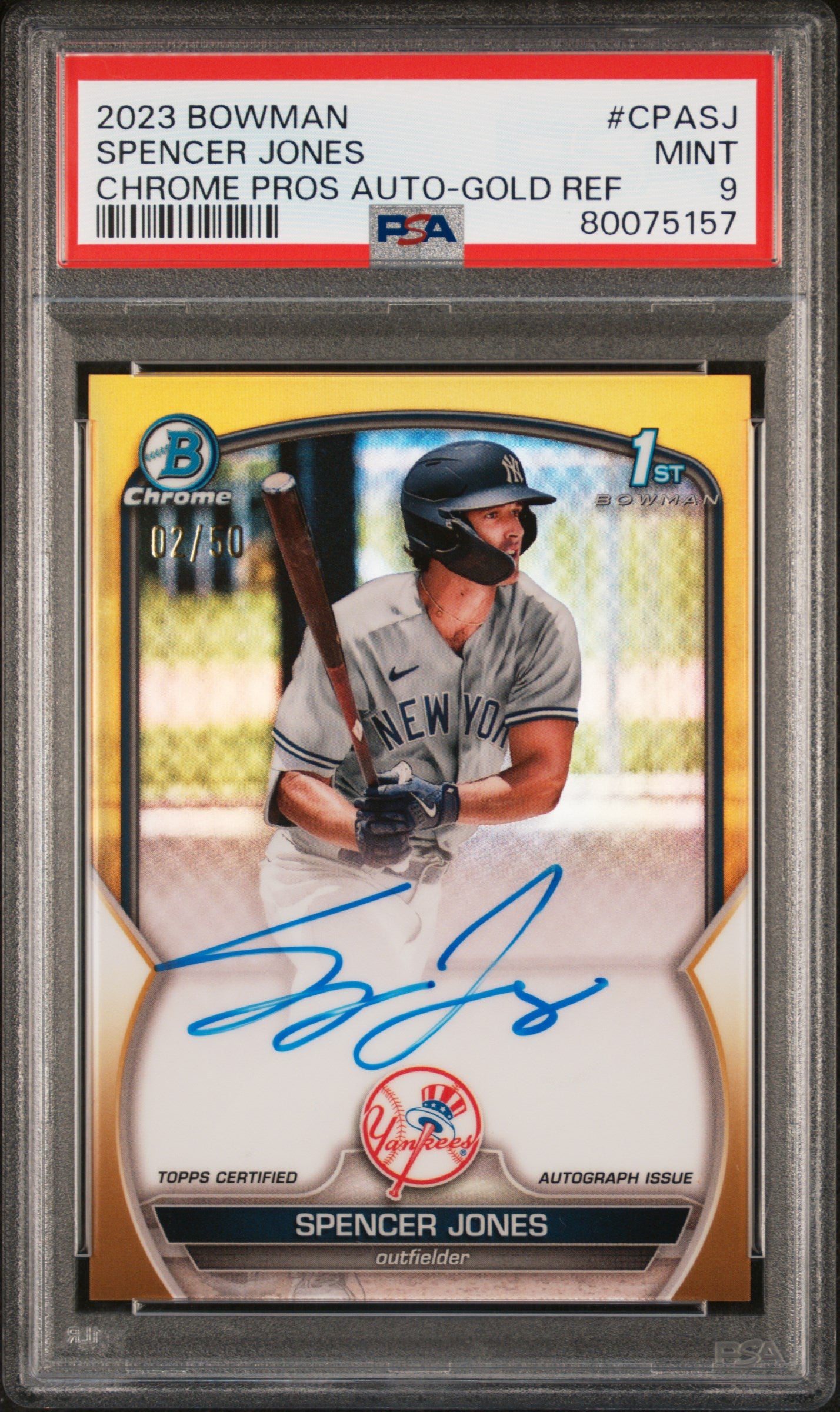 2023 Bowman Chrome Gold Refractor Spencer Jones #CPA-SJ Auto /50 PSA 9