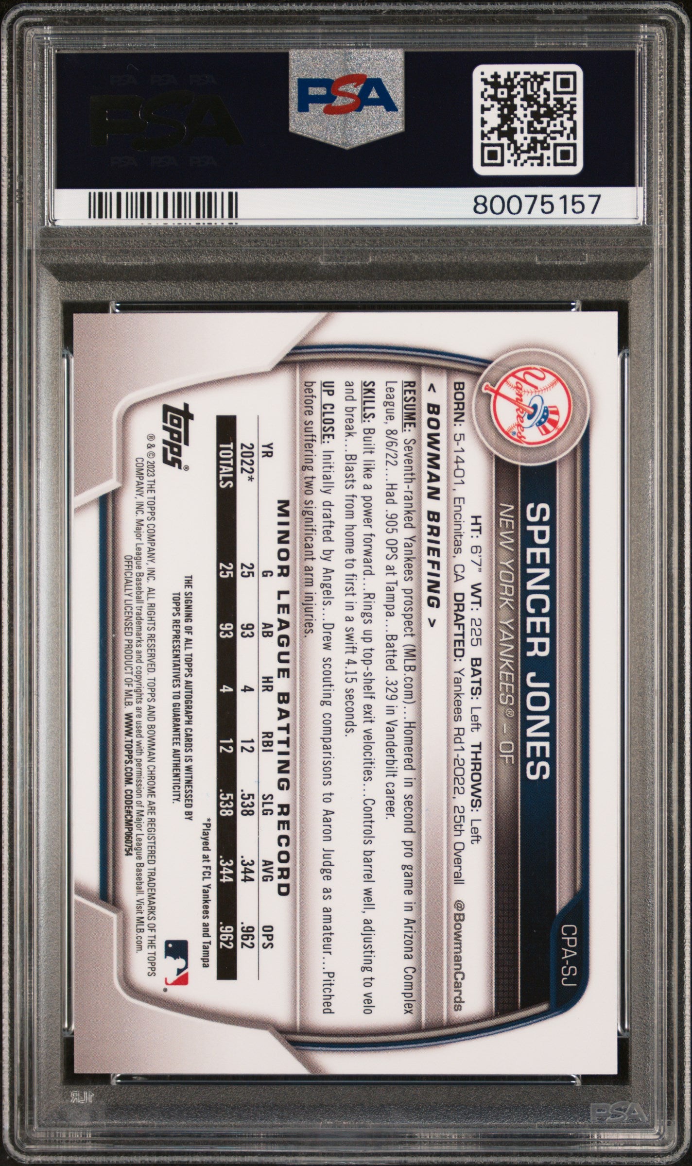 2023 Bowman Chrome Gold Refractor Spencer Jones #CPA-SJ Auto /50 PSA 9
