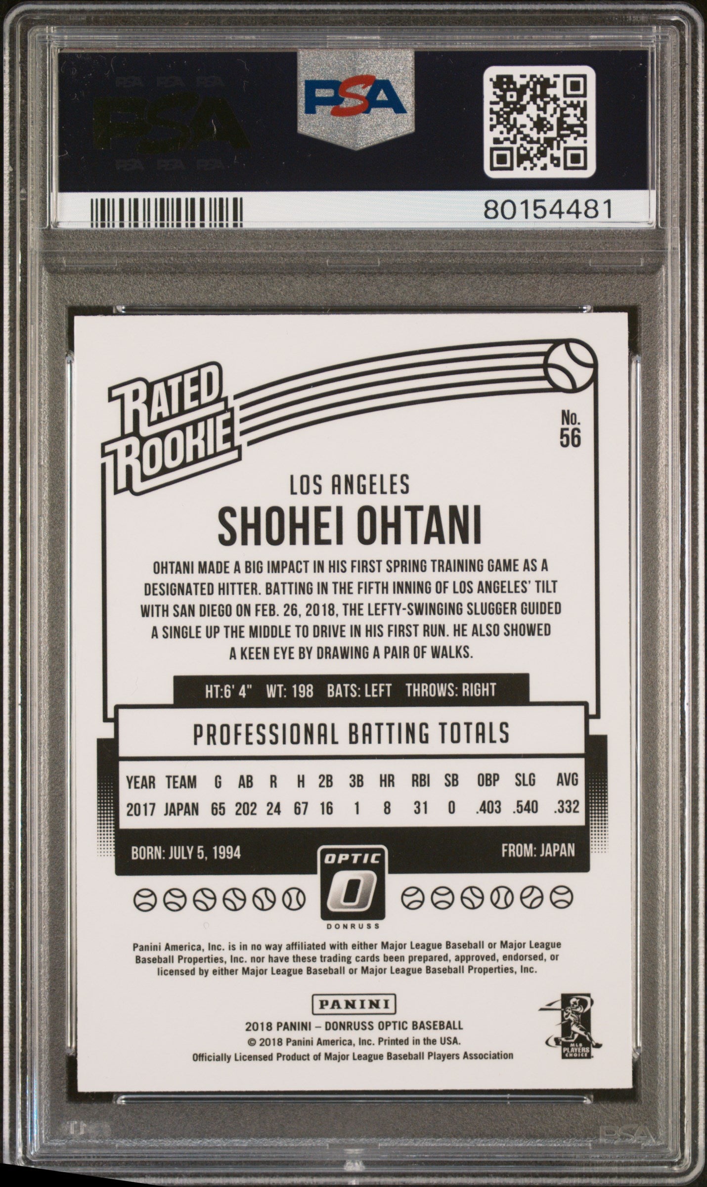 2018 Donruss Optic #56 Shohei Ohtani Rated Rookie PSA 9
