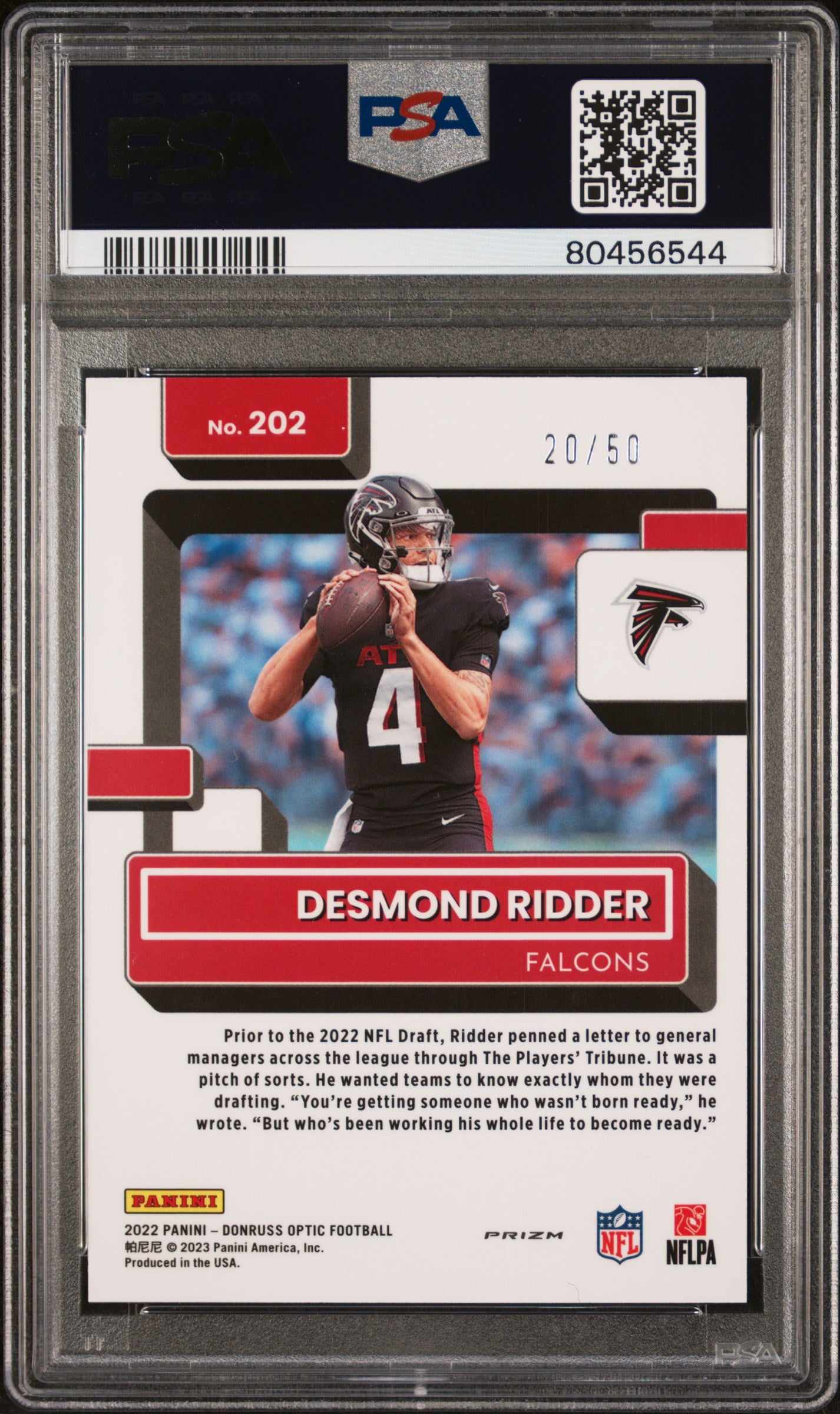 2022 Panini Donruss Optic 202 Desmond Ridder Purple Rookie /50 PSA 10 Gem Mint Falcons