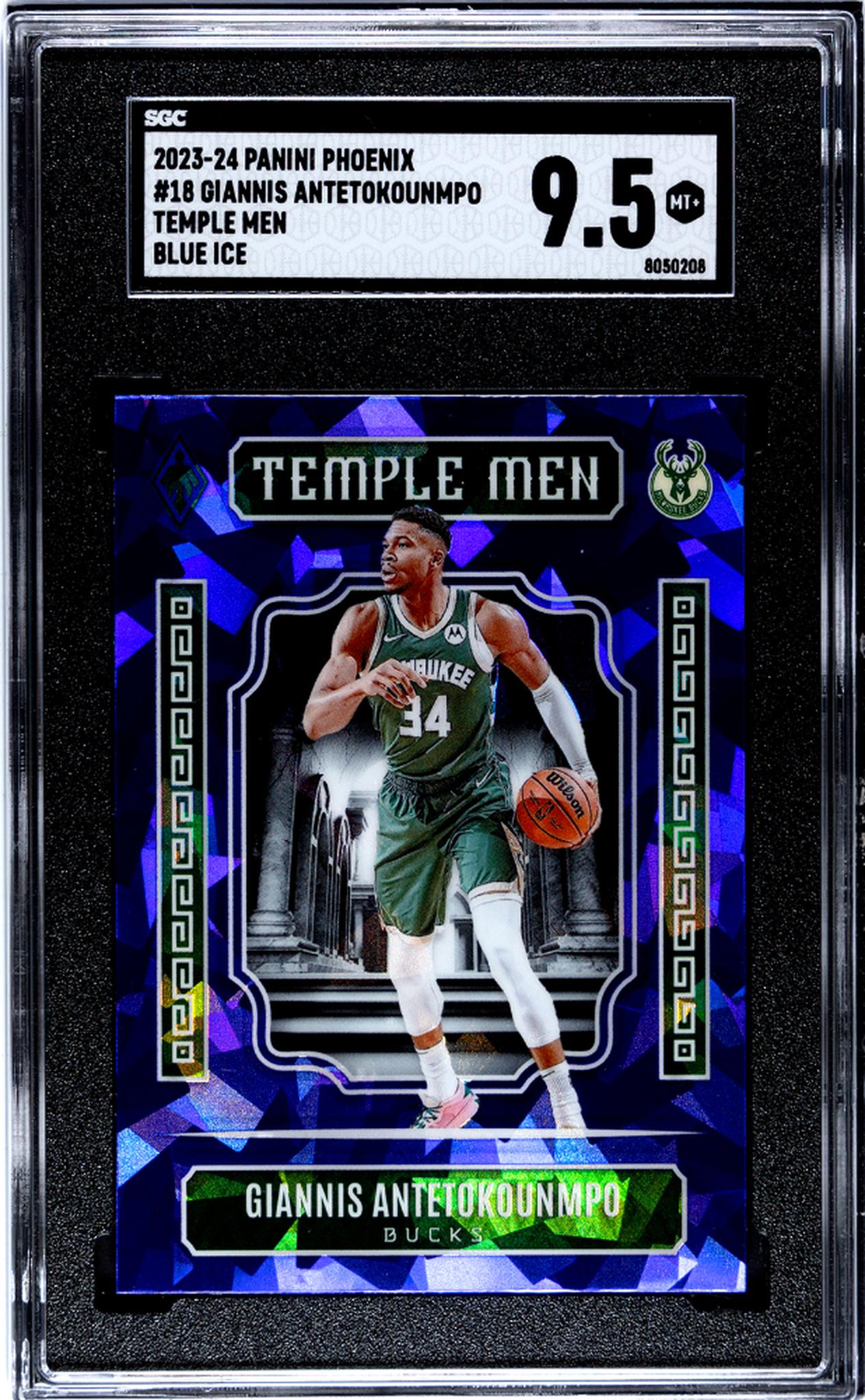 2023-24 Panini Phoenix #18 Giannis Antetokounmpo Temple Men Blue Ice SGC 9.5