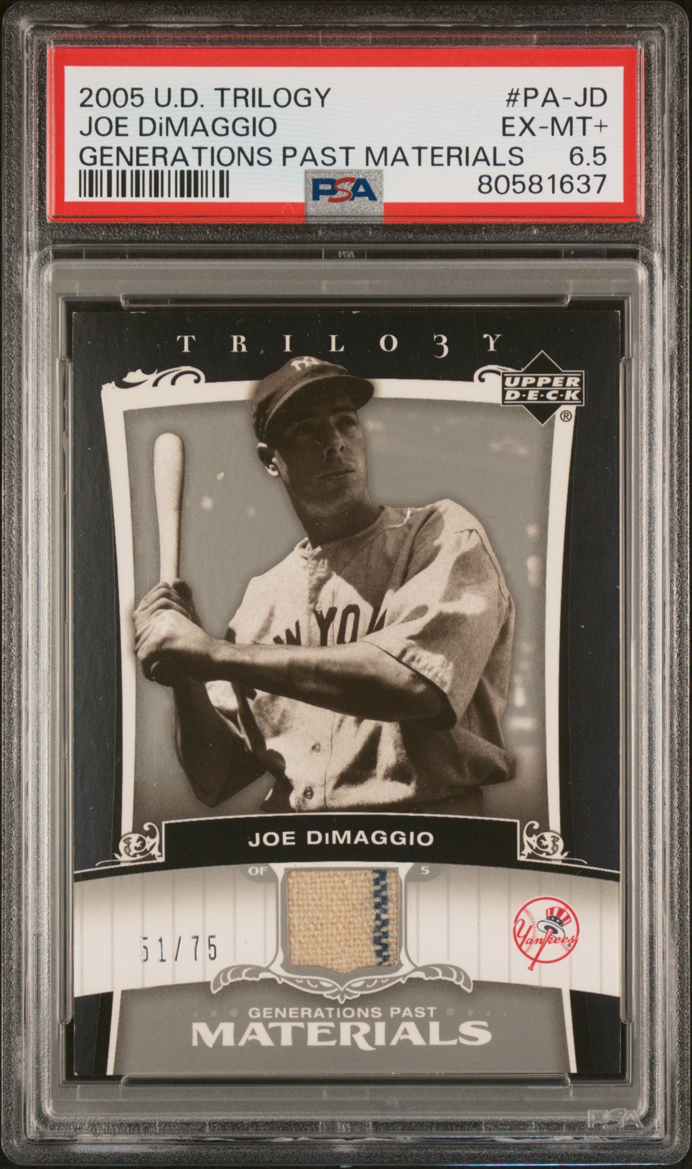 2005 U.D. Trilogy #PA-JD Joe DiMaggio Generations Past Materials /75 PSA 6.5
