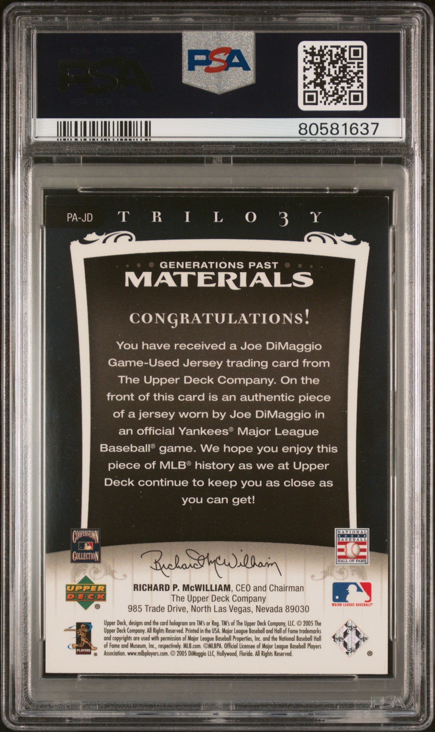 2005 U.D. Trilogy #PA-JD Joe DiMaggio Generations Past Materials /75 PSA 6.5