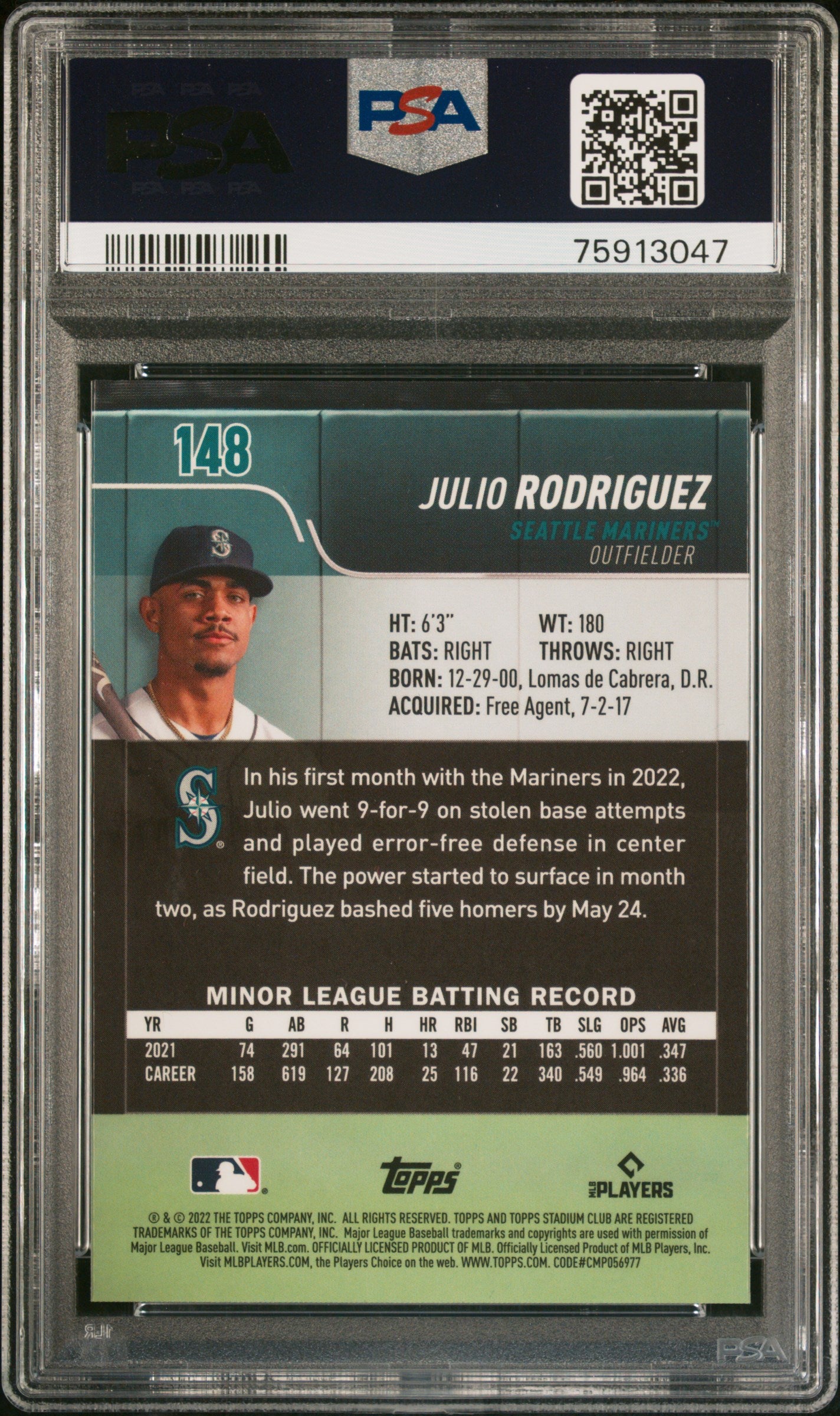 2022 Topps Stadium Club Chrome Julio Rodriguez #148 RC PSA 10