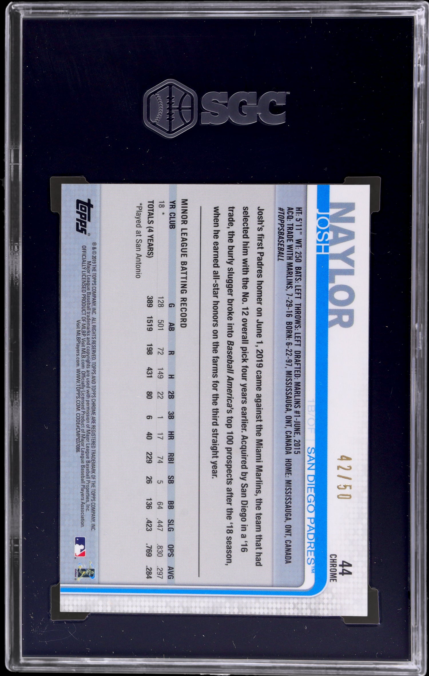 2019 Topps Chrome Update Gold Refractor Josh Naylor #44 /50 SGC 10 RC