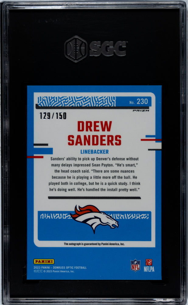 2023 Panini Donruss Optic Holo Drew Sanders #230 RC Auto /150 SGC 9.5 Auto 10
