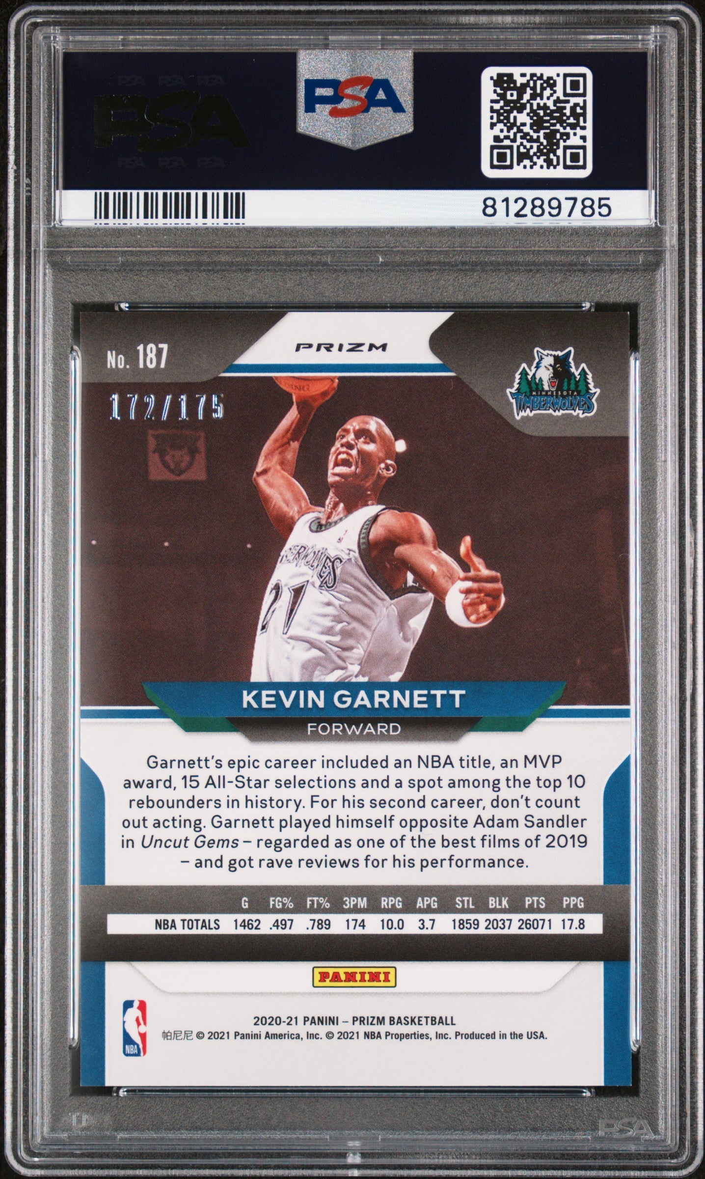 2020 Prizm #187 Kevin Garnett Fast Break Prizm-Blue /175 PSA 10