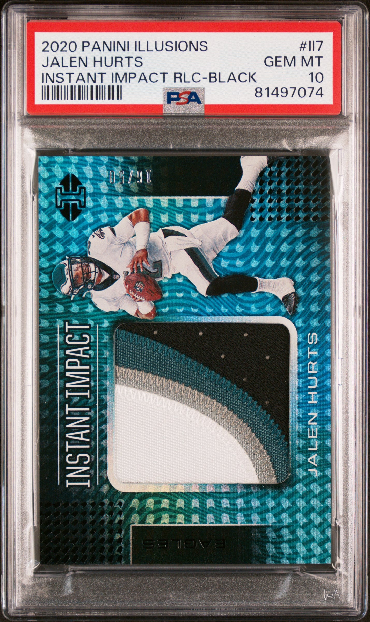 2020 Panini Illusions Instant Impact RLC-Black Jalen Hurts #II7 Patch /50 PSA 10