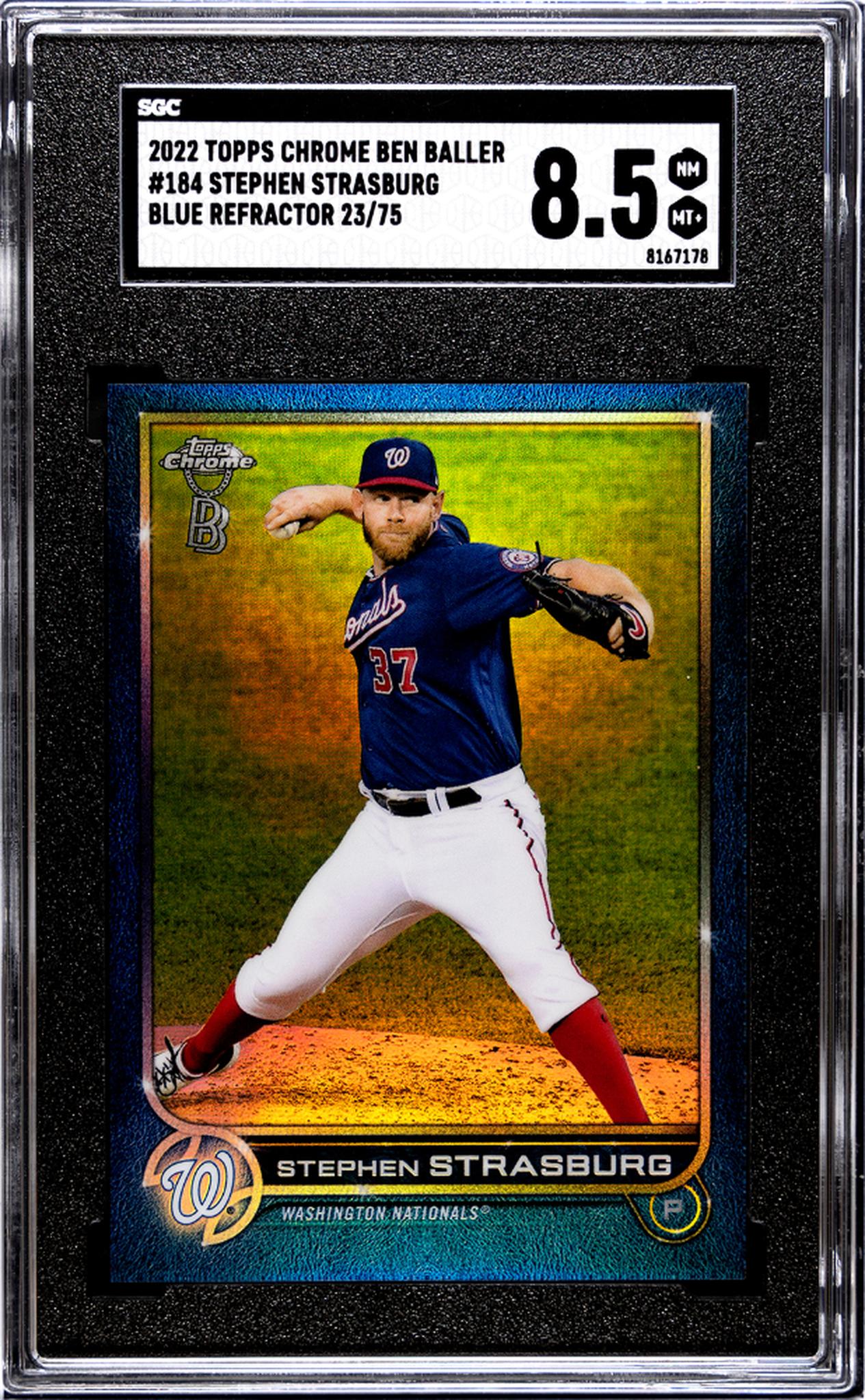 2022 Topps Chrome Ben Baller #184 Stephen Strasburg Blue Refractor 23/75 SGC 8.5