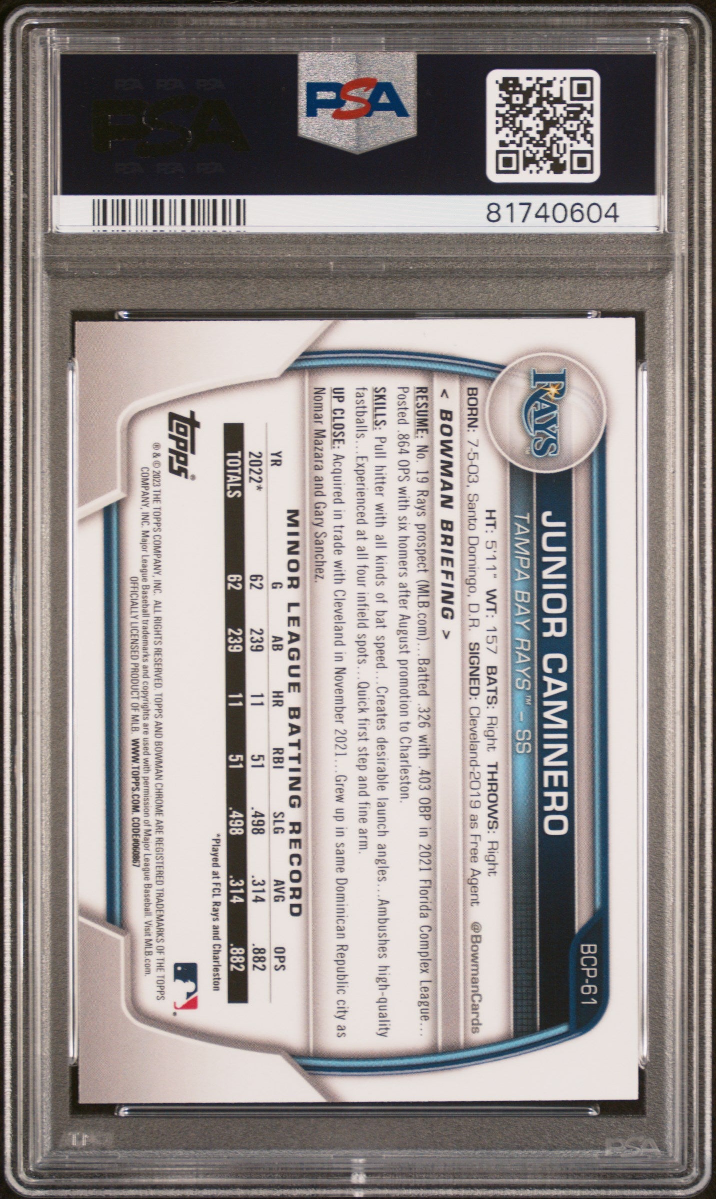 2023 Bowman Chrome Mega Box Junior Caminero #BCP61 PSA 10