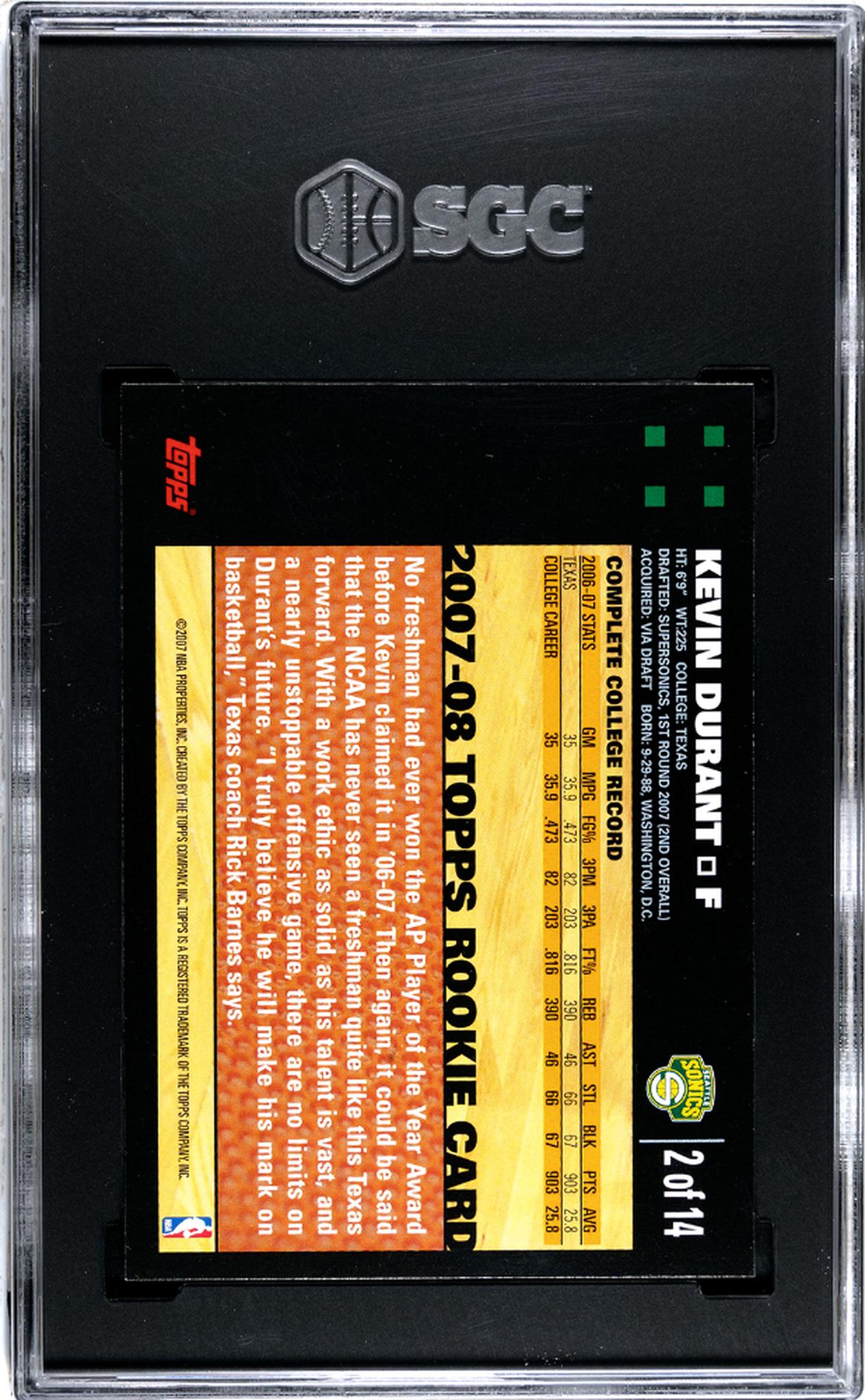 2007-08 Topps Rookie Set Kevin Durant #2 RC SGC 9.5