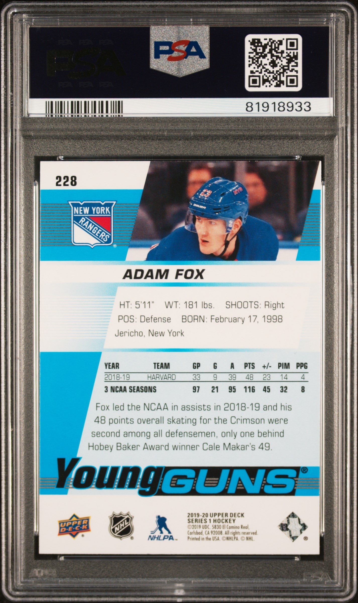 2019 Upper Deck Series 1 Young Guns Adam Fox #228 RC PSA 10