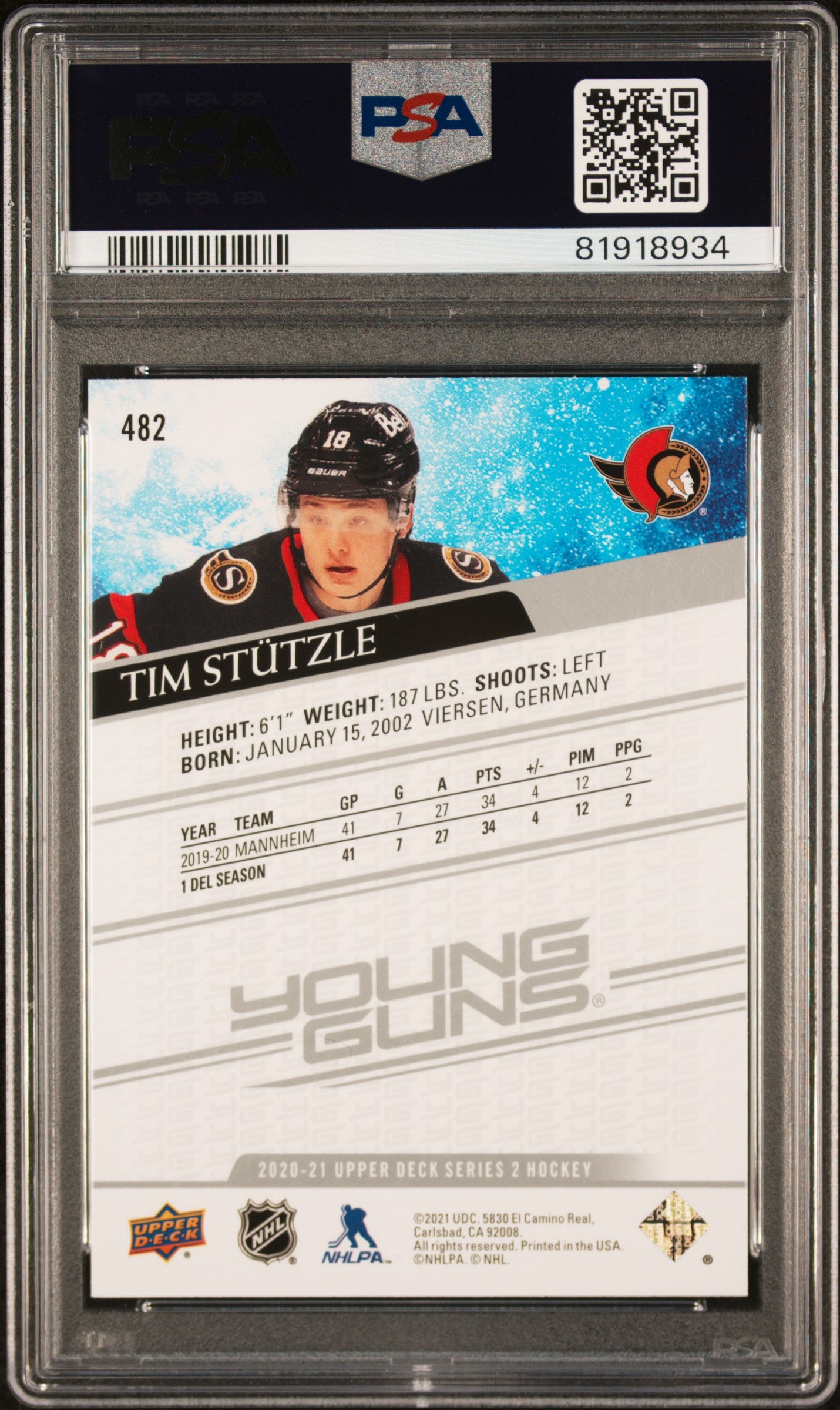 2020 Upper Deck Series 2 Young Guns Tim Stutzle #482 RC PSA 9
