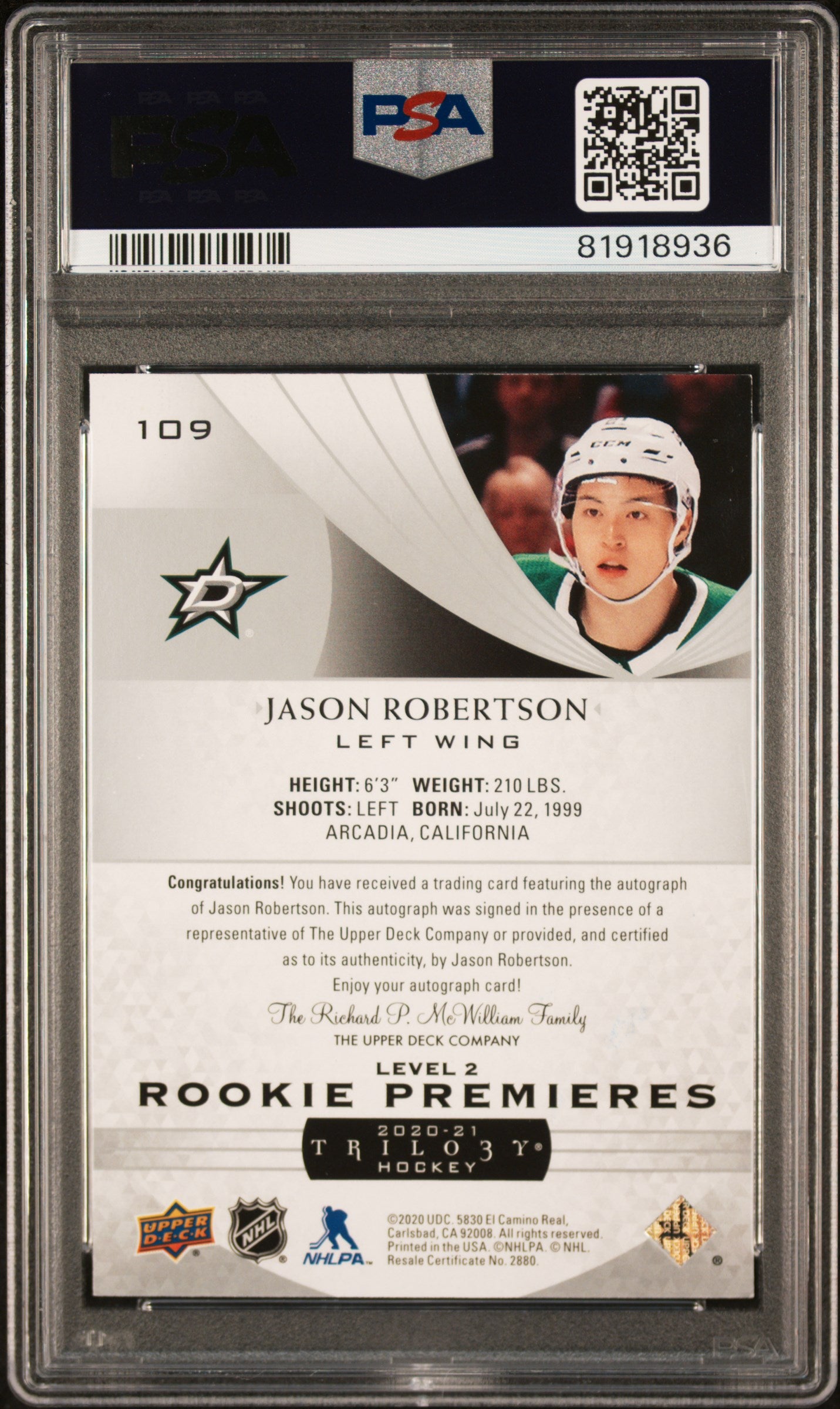 2020 Trilogy #109 Jason Robertson Rookie Premieres Level 2 /199 PSA 8