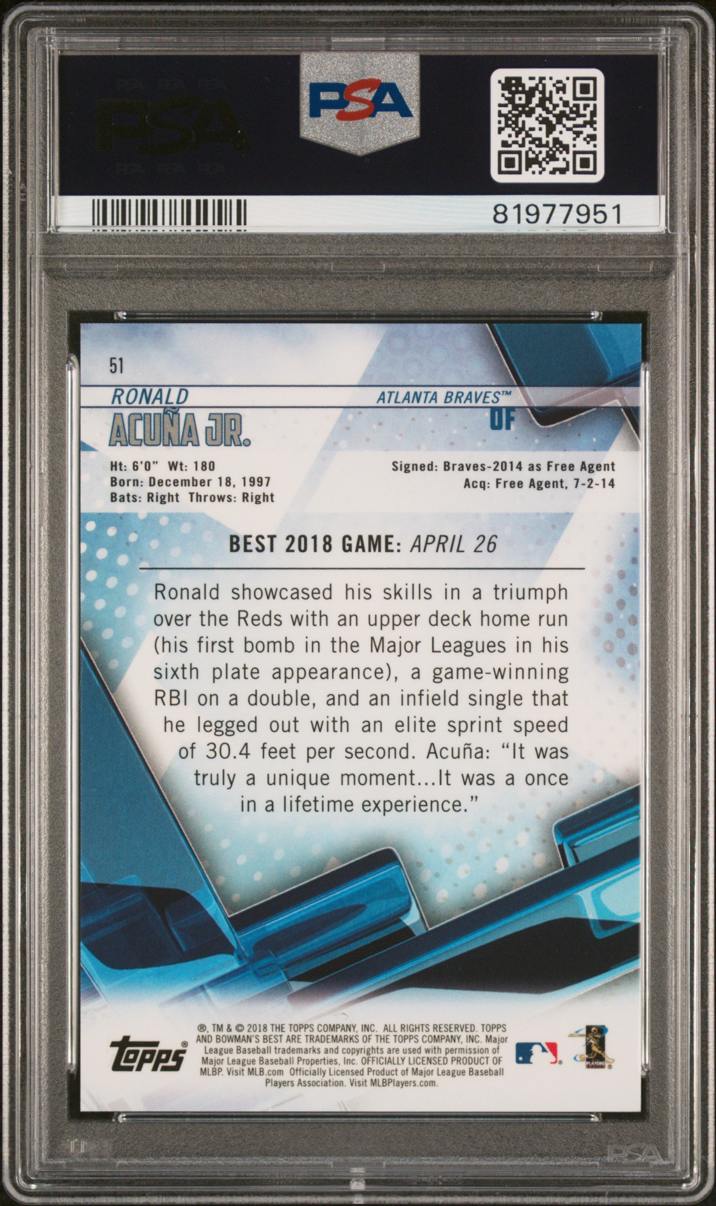 2018 Topps Bowman's Best Green Refractor Ronald Acuna Jr. #51 RC /99 PSA 10