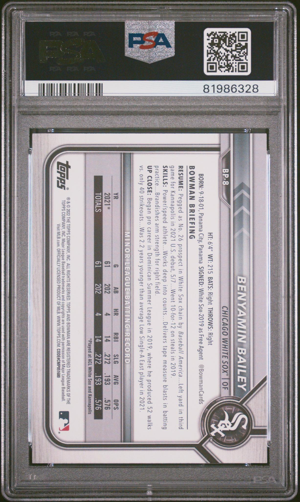 2022 Bowman Paper Prospects Sky Blue Benyamin Bailey #BP8 /499 PSA 10