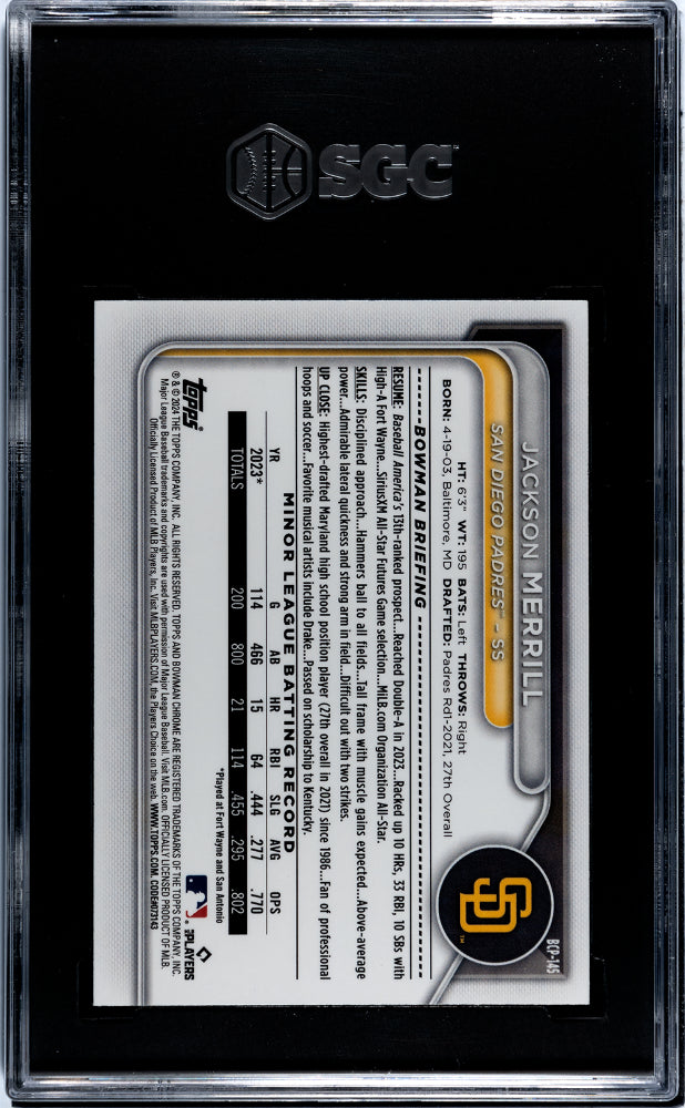 2024 Bowman Chrome Prospect Jackson Merrill #BCP-145 SGC 10