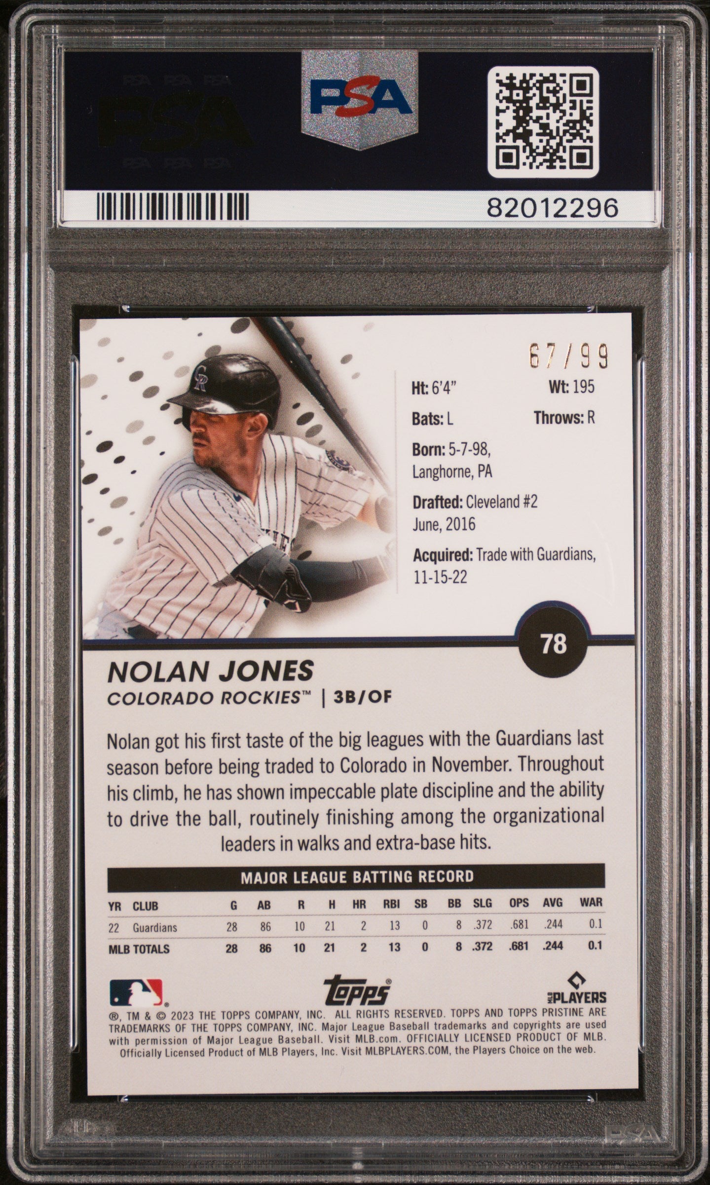 2023 Topps Pristine Purple Nolan Jones #78 RC /99 PSA 10
