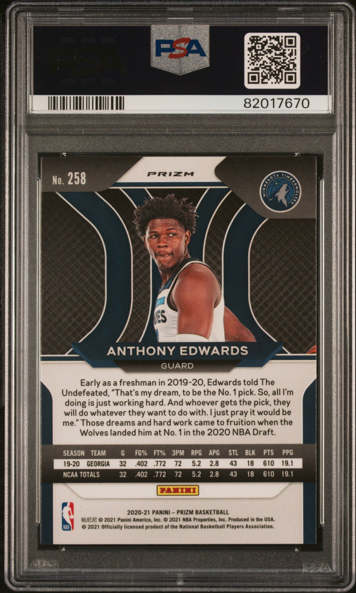 2020 Panini Prizm Pink Ice Anthony Edwards #258 RC PSA 10