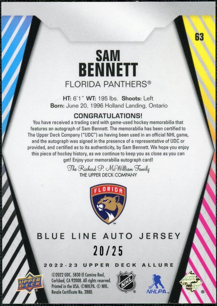 2022-23 Upper Deck Allure 63 Sam Bennett Blue Line Auto /25