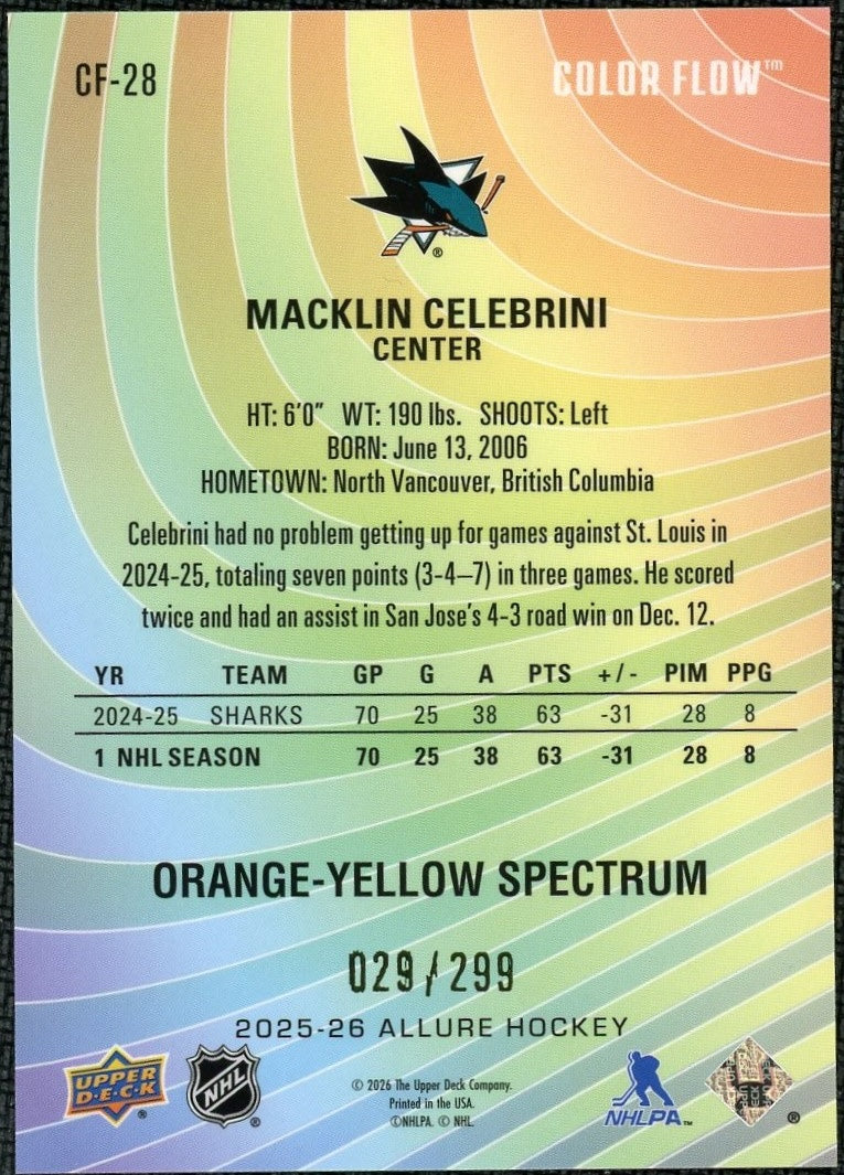 2025-26 UD Allure Macklin Celebrini Color Flow Orange-Yellow Spectrum #/299