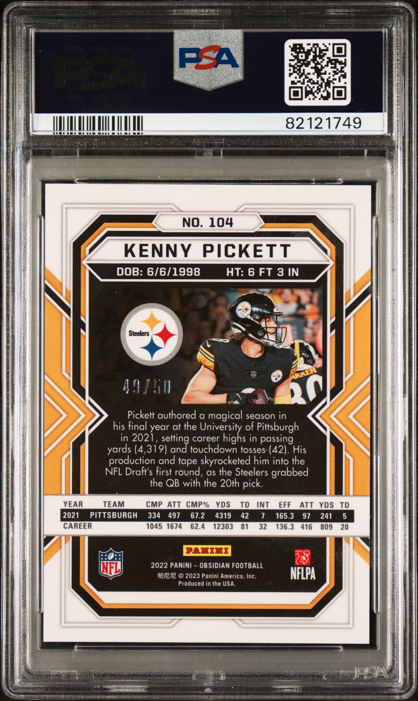 2022 Panini Obsidian Electric Etch Green Kenny Pickett #104 RC /50 PSA 10