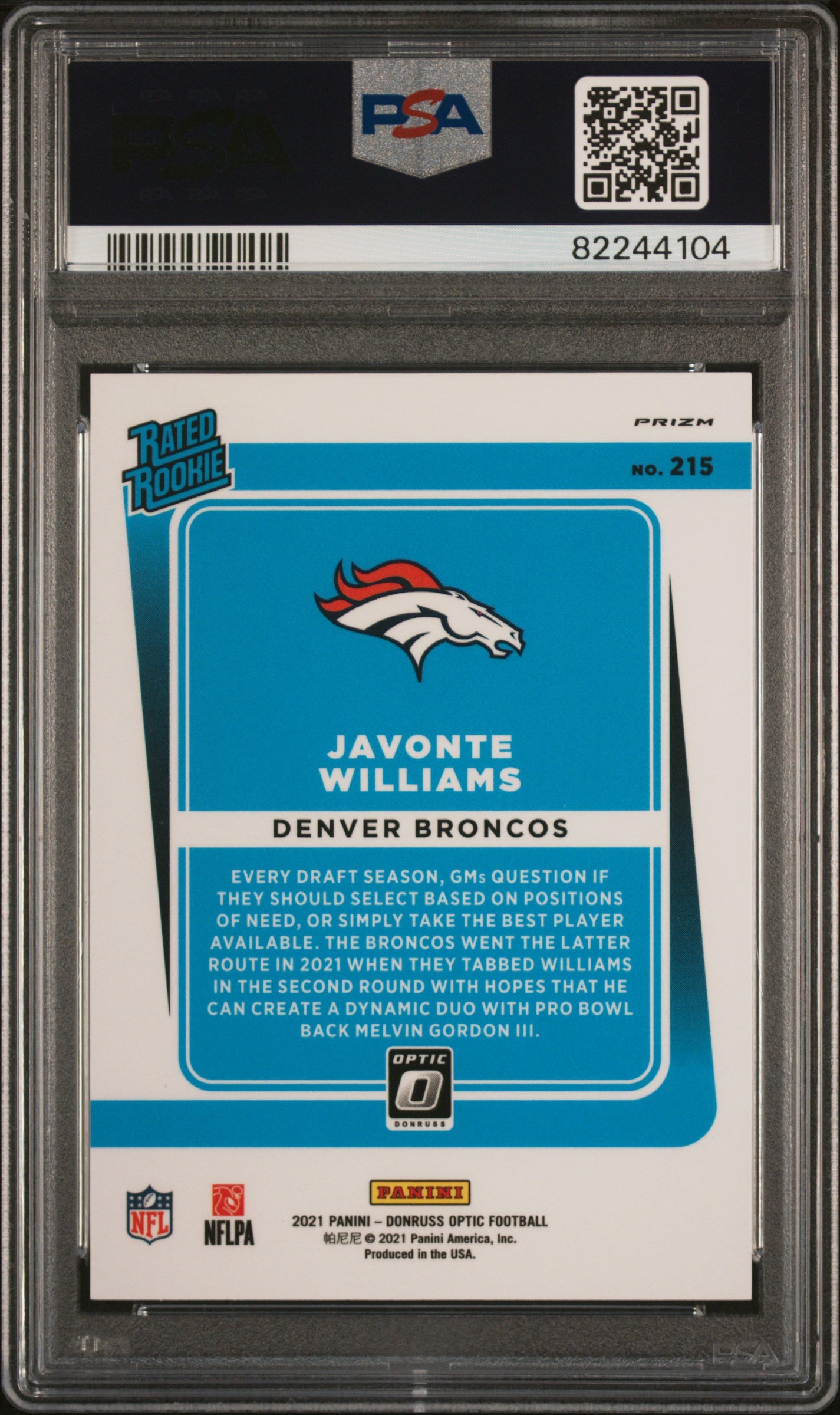 2021 Panini Donruss Optic Holo Javonte Williams #215 RC PSA 9