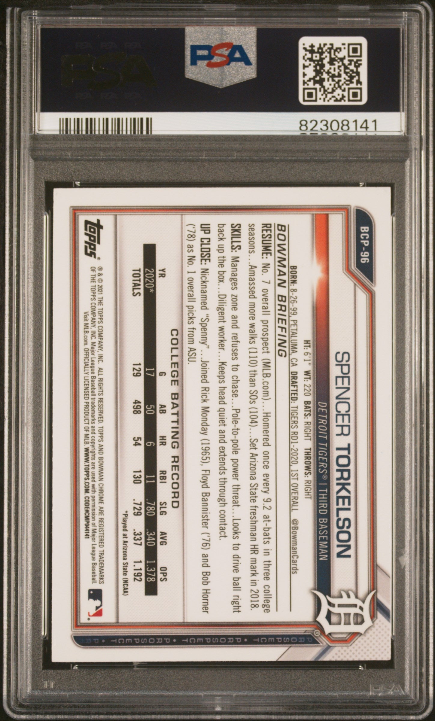 2021 Bowman Chrome Spencer Torkelson #BCP-96 Auto /16 PSA 8