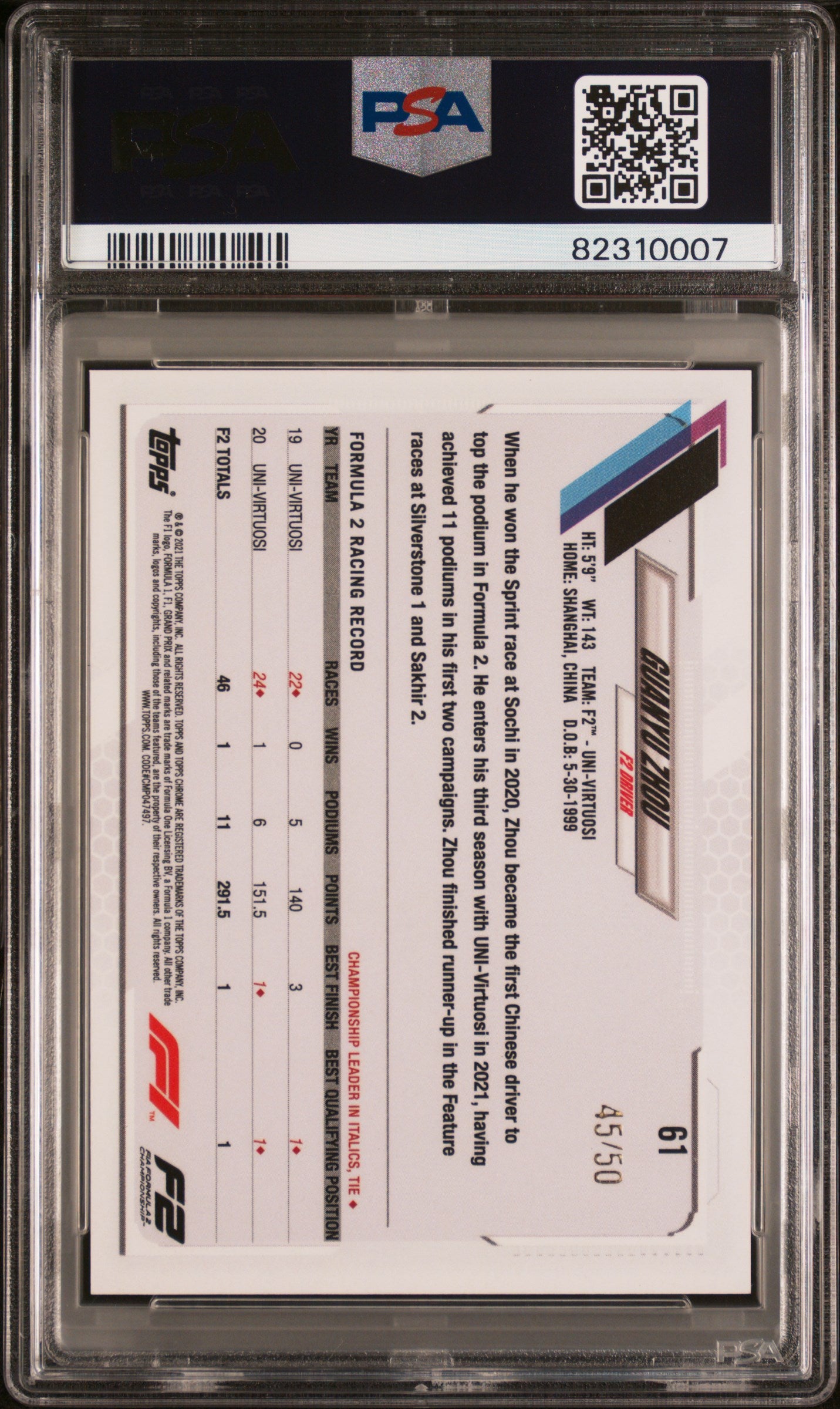 2021 Topps Chrome Formula 1 Gold Wave Refractor Zhou Guanyu #61 /50 PSA 10