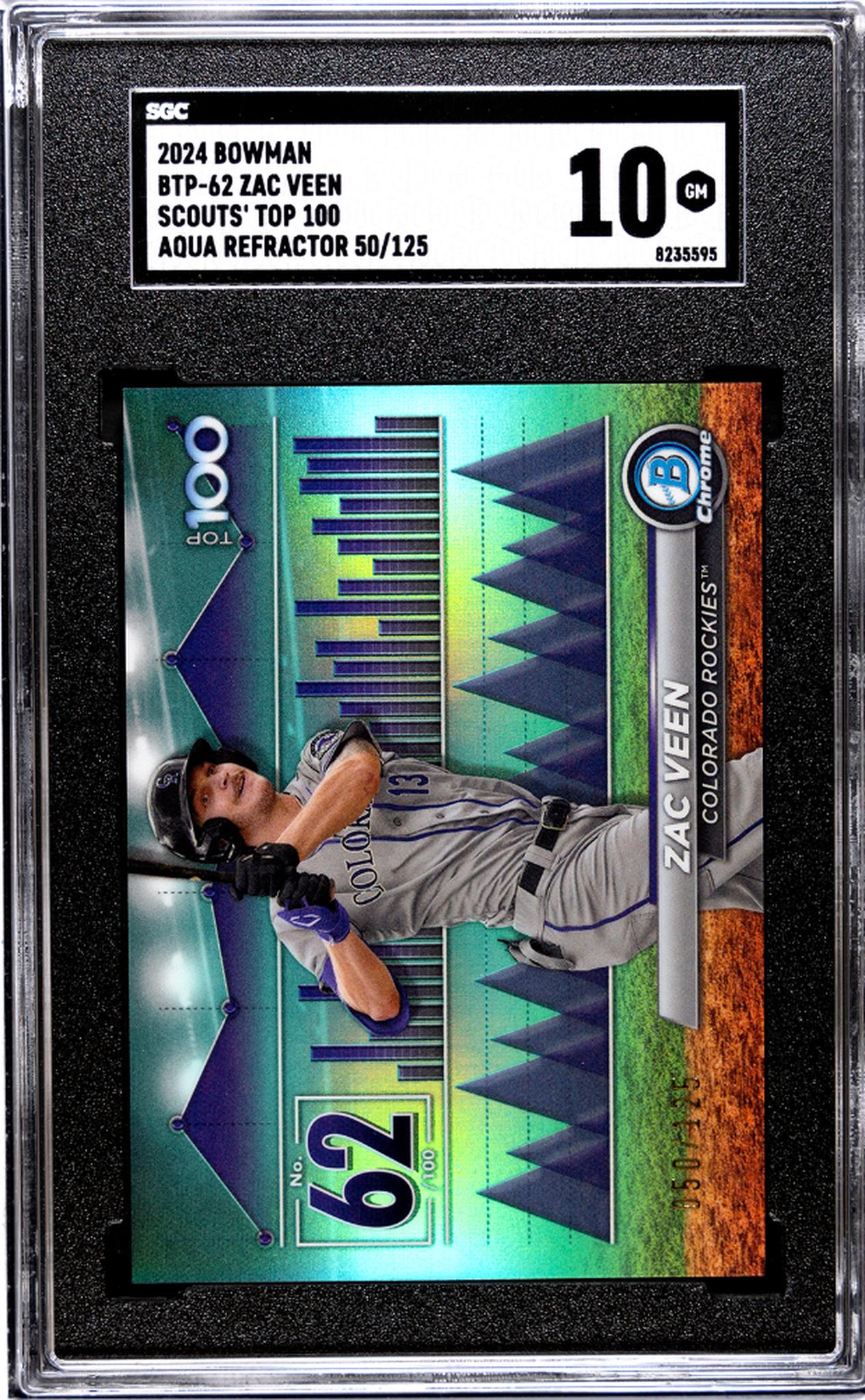 2024 Bowman #BTP-62 Zac Veen Scouts' Top 100 Aqua Ref. 50/125 SGC 10