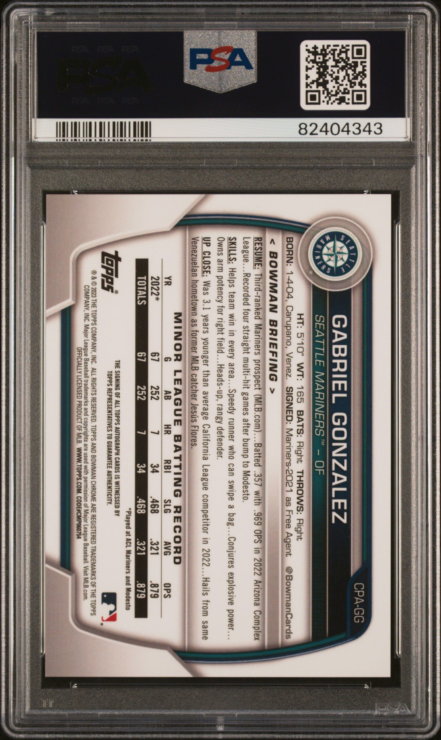 2023 Bowman Chrome Gold Refractor Gabriel Gonzalez #CPA-GG Auto /50 PSA 10