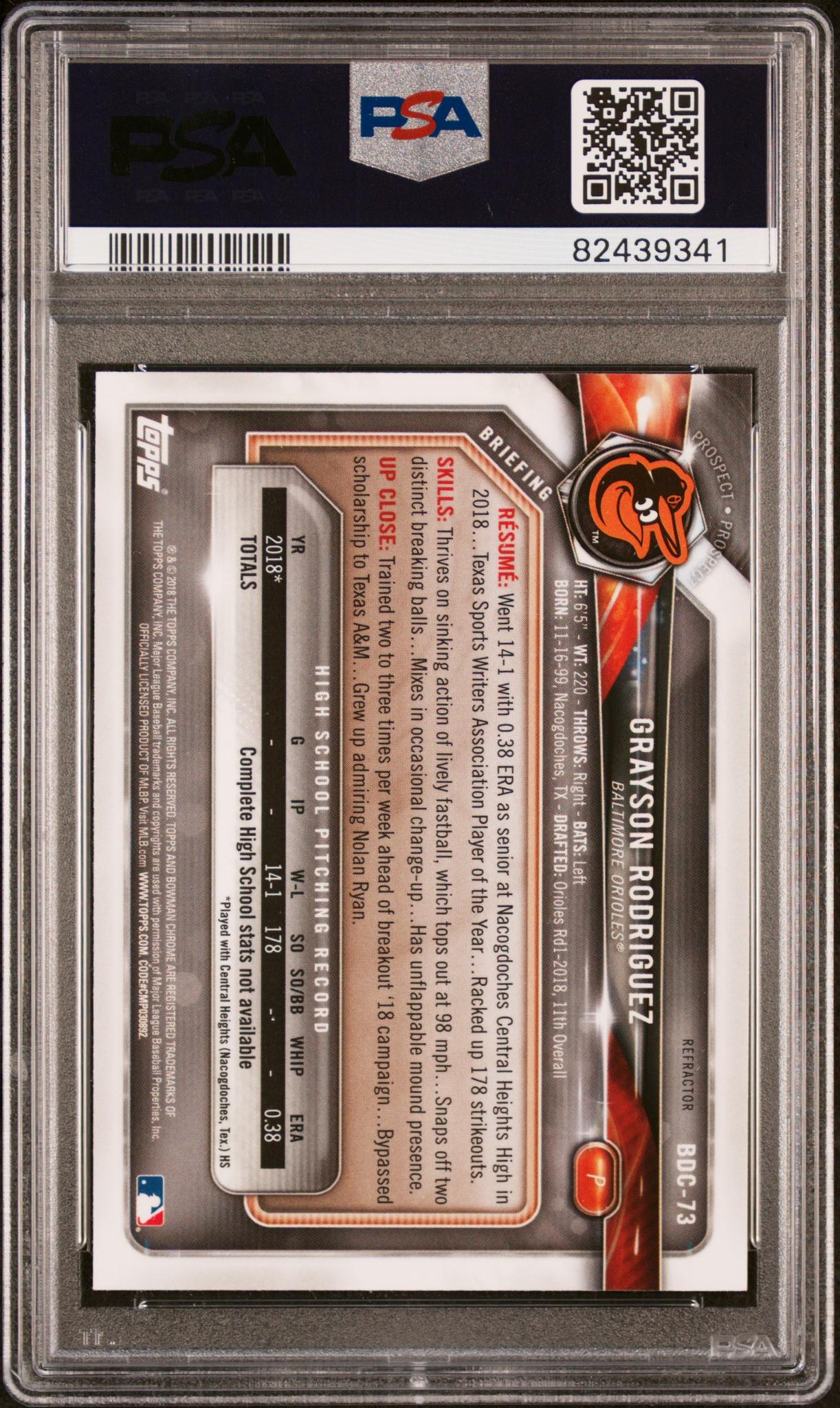 2018 Bowman Draft Chrome Refractor Grayson Rodriguez #BDC-73 PSA 9