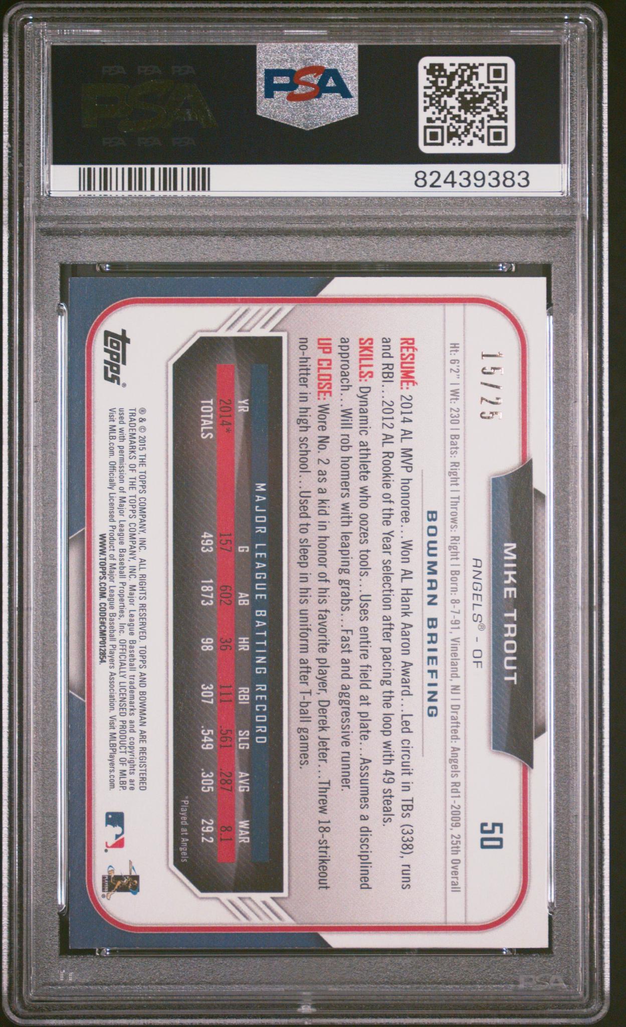 2015 Bowman #50 Mike Trout Orange /25 PSA 9