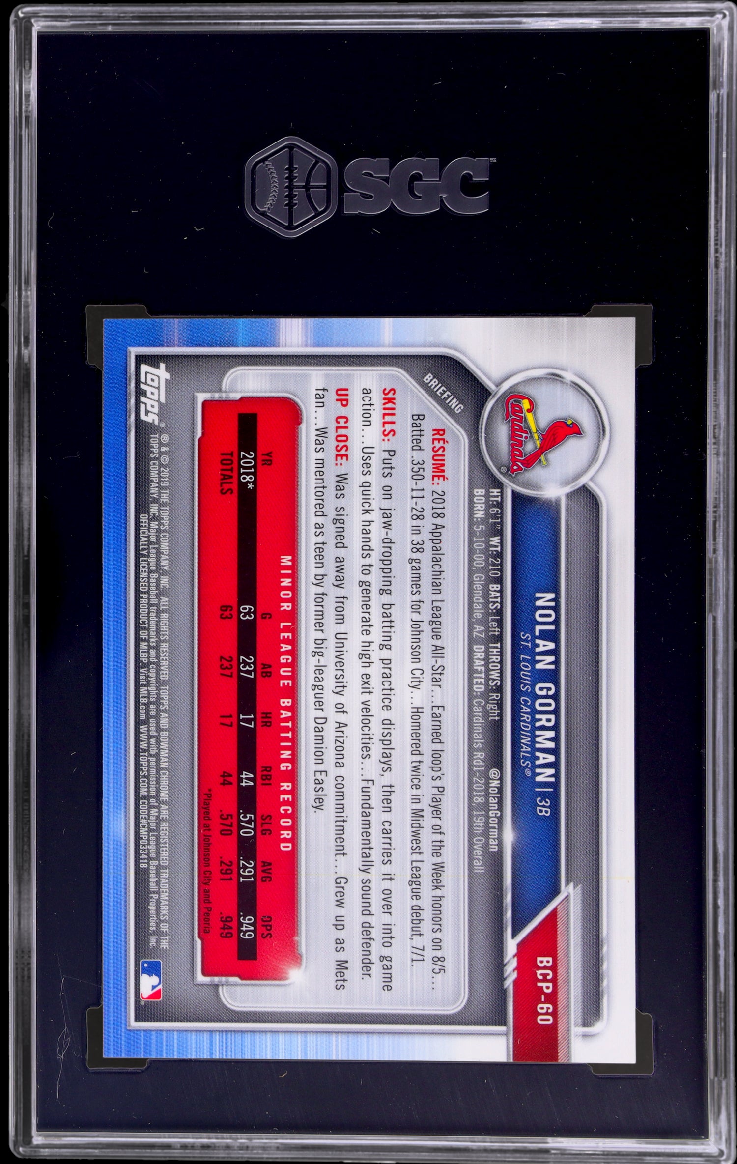 2019 Bowman Chrome Mega Box Gold Refractor Nolan Gorman #BCP-60 /50 SGC 9.5