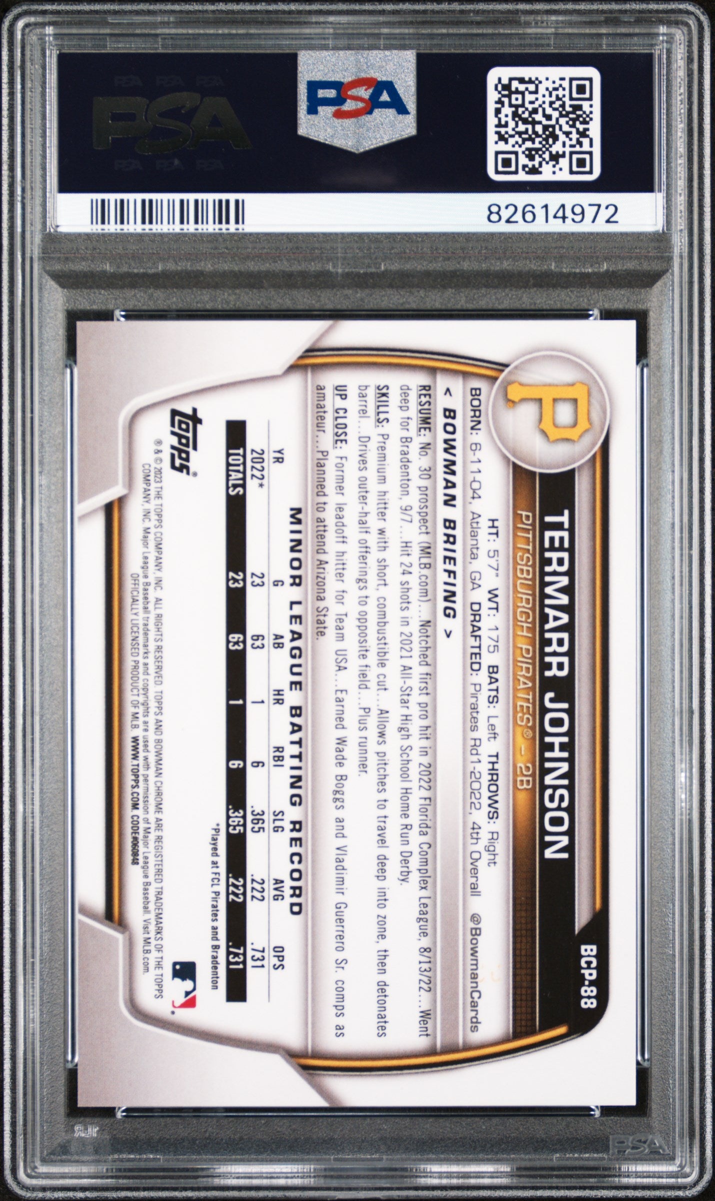 2023 Topps Bowman Chrome Sapphire Aqua Termarr Johnson #BCP88 /55 PSA 10