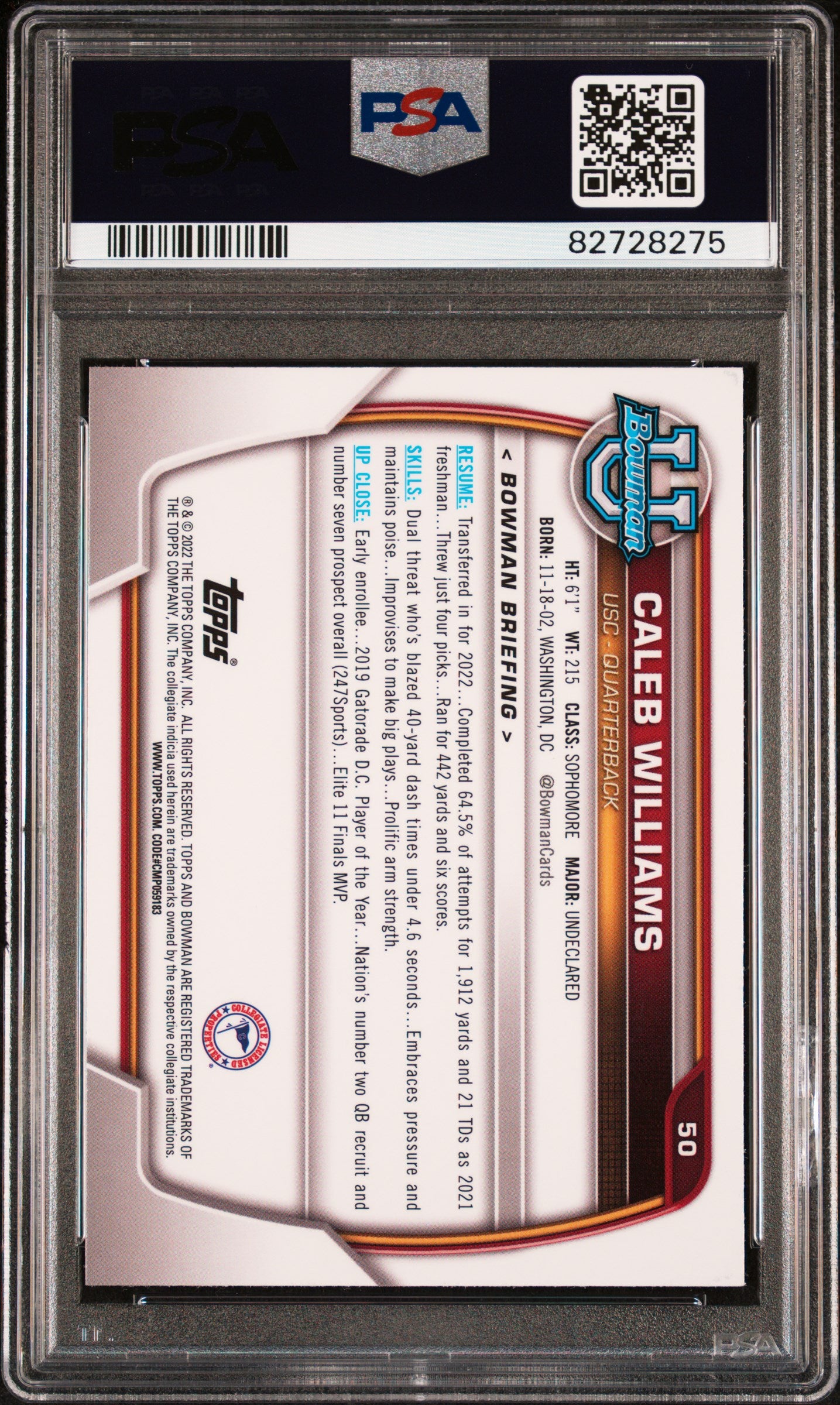 2022 Topps Bowman University Chrome Prospects Caleb Williams #50 PSA 10