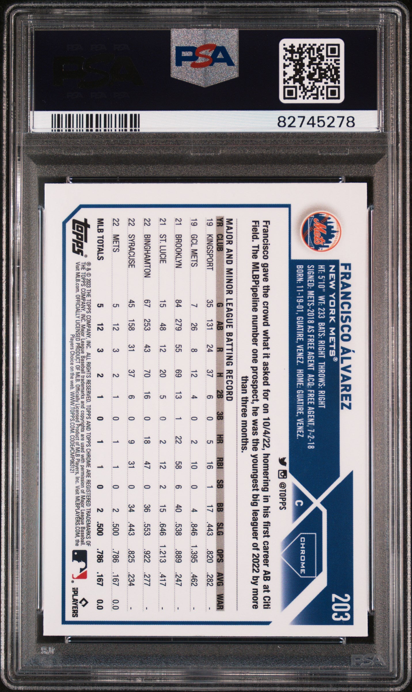2023 Topps Chrome Sepia Francisco Alvarez #203 RC PSA 10