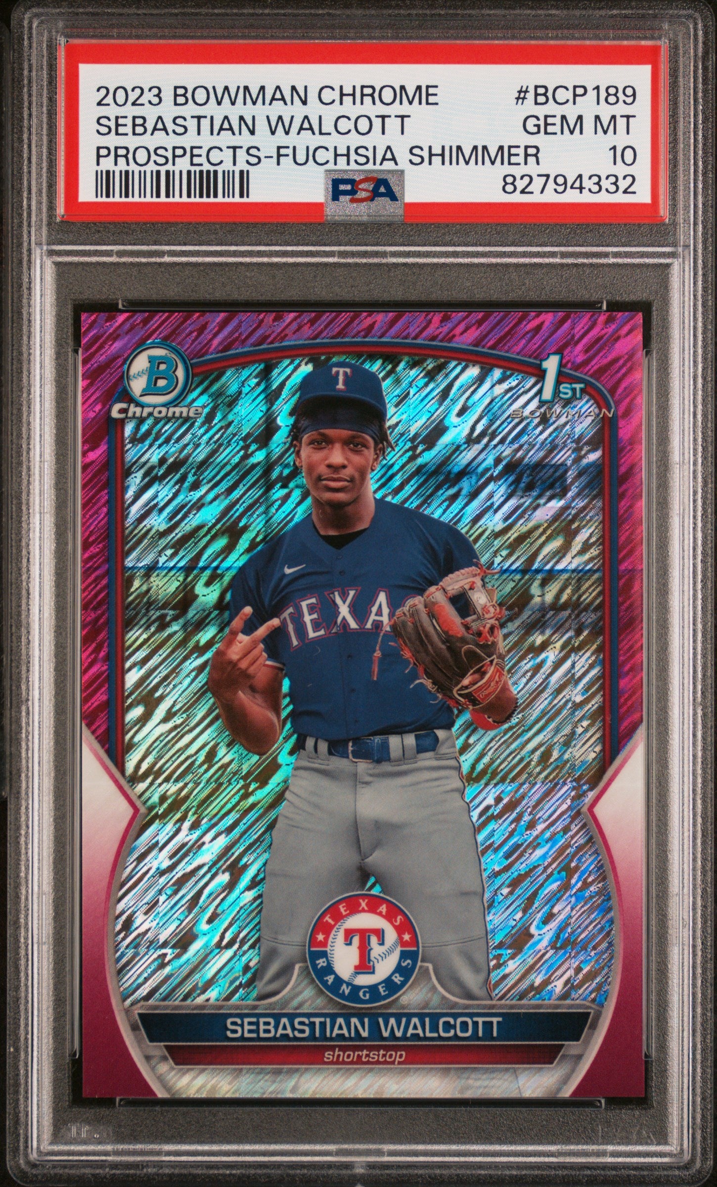 2023 Bowman Chrome #BCP189 Sebastian Walcott Prospect Fuchsia Shimmer Refractor /199 PSA 10