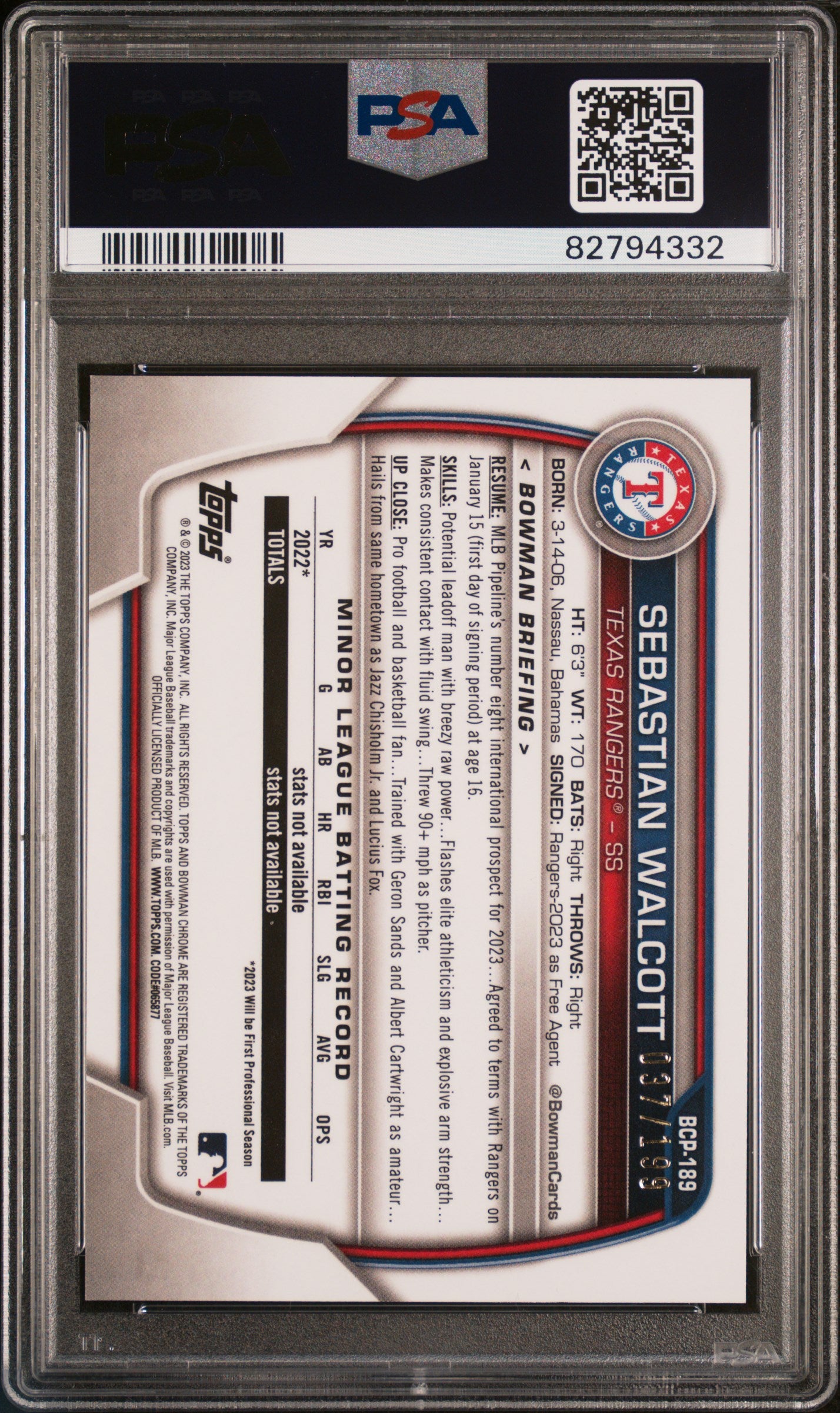 2023 Bowman Chrome #BCP189 Sebastian Walcott Prospect Fuchsia Shimmer Refractor /199 PSA 10