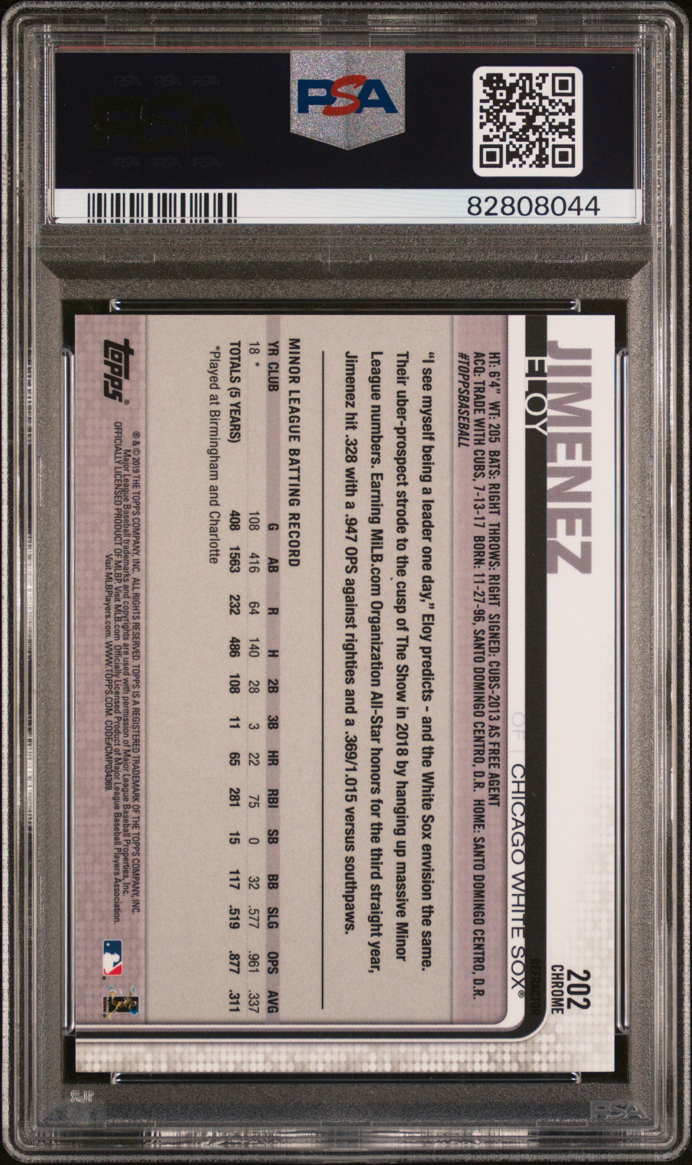 2019 Topps Chrome Pink Refractor Eloy Jimenez #202 RC PSA 10