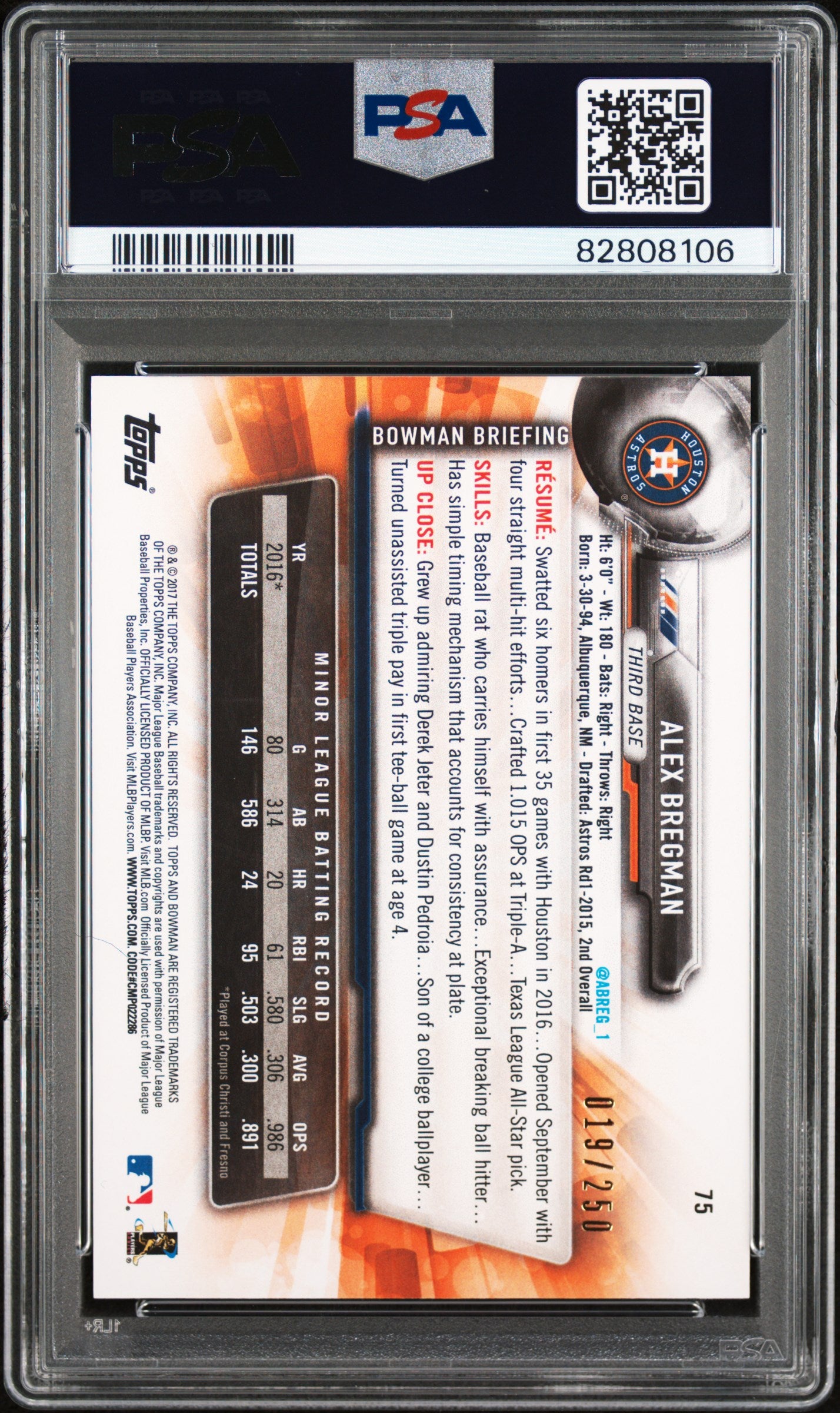 2017 Bowman Purple Alex Bregman #75 RC /250 PSA 10