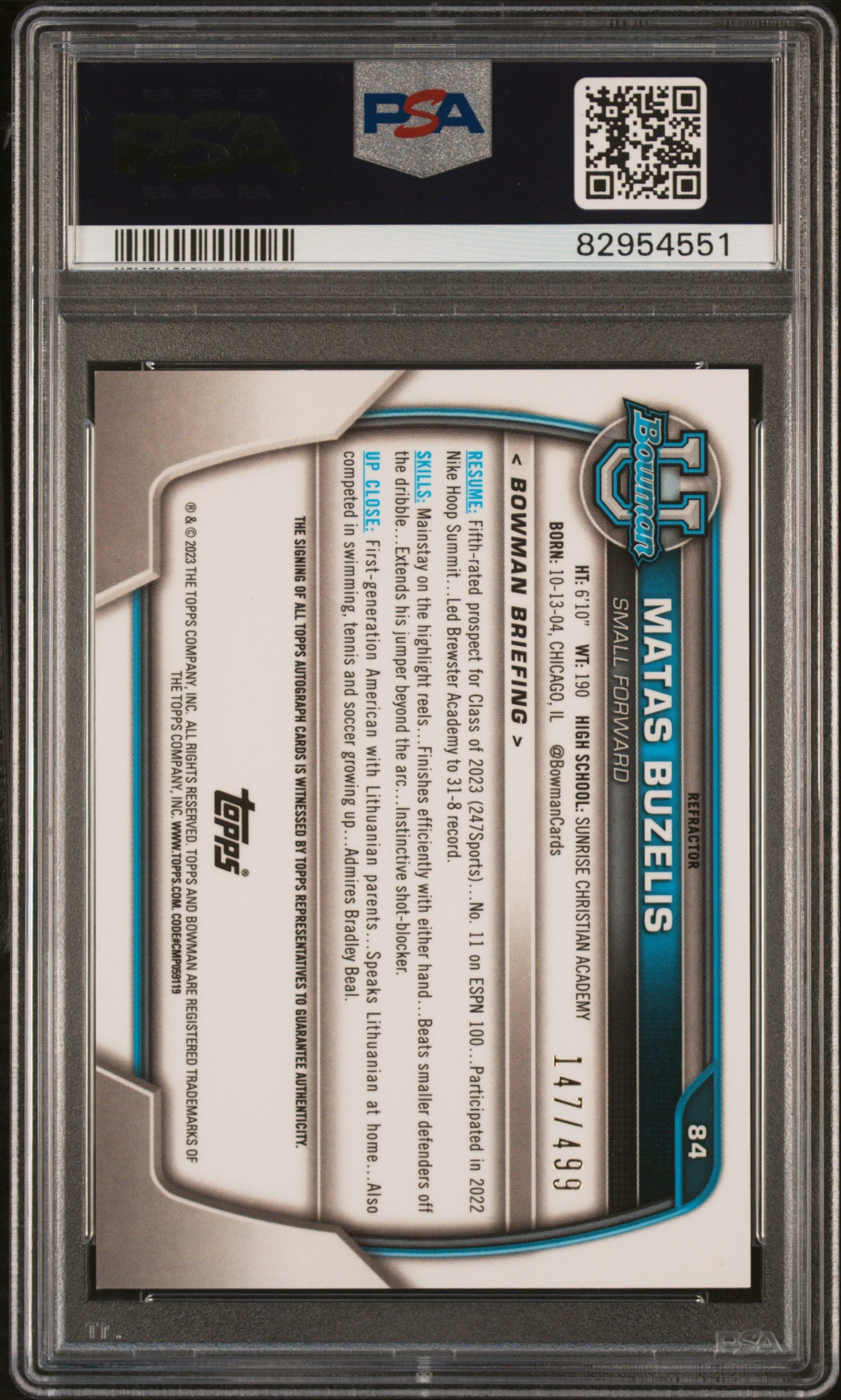 2022 Topps Bowman University Refractor Matas Buzelis #84 Auto /499 PSA 9